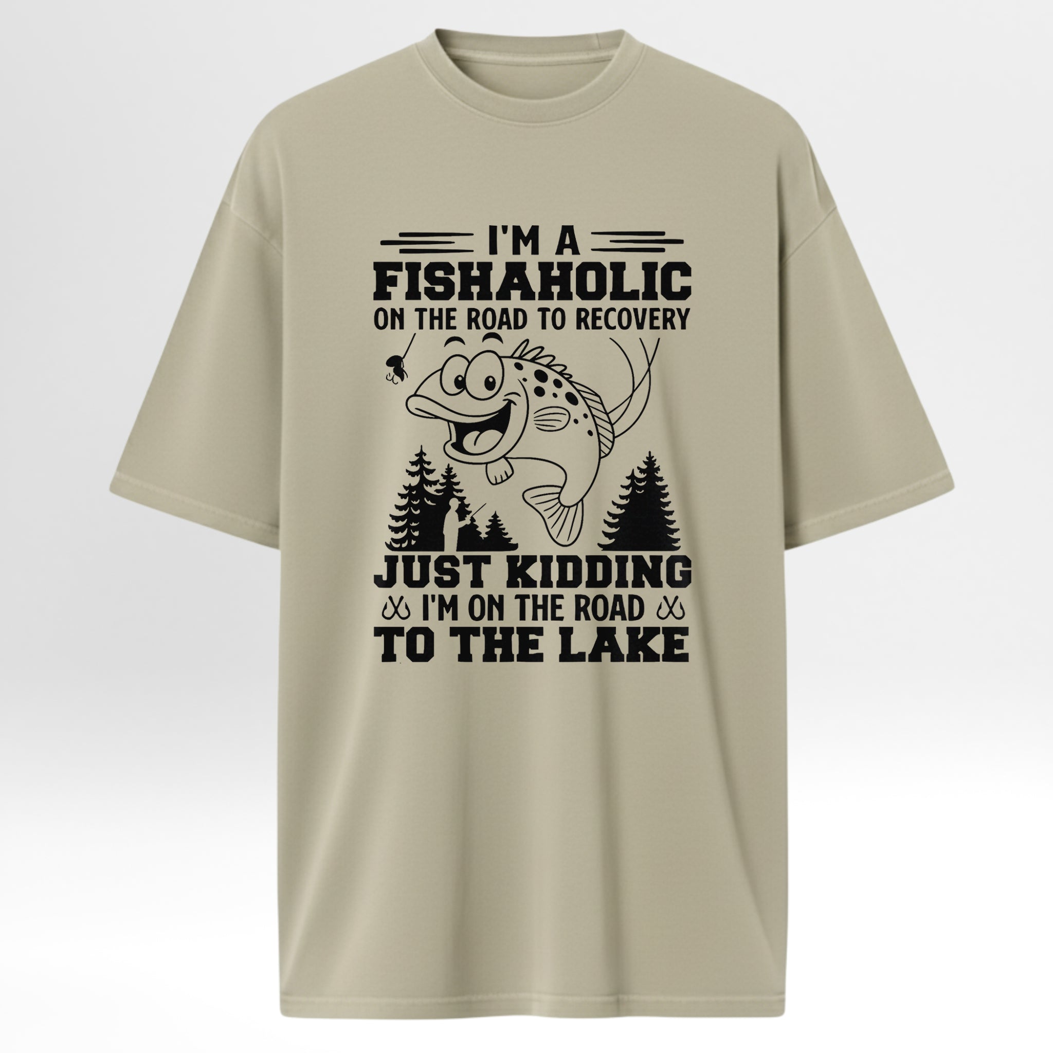 Beige fishing t-shirt with fishing-themed graphic and text.