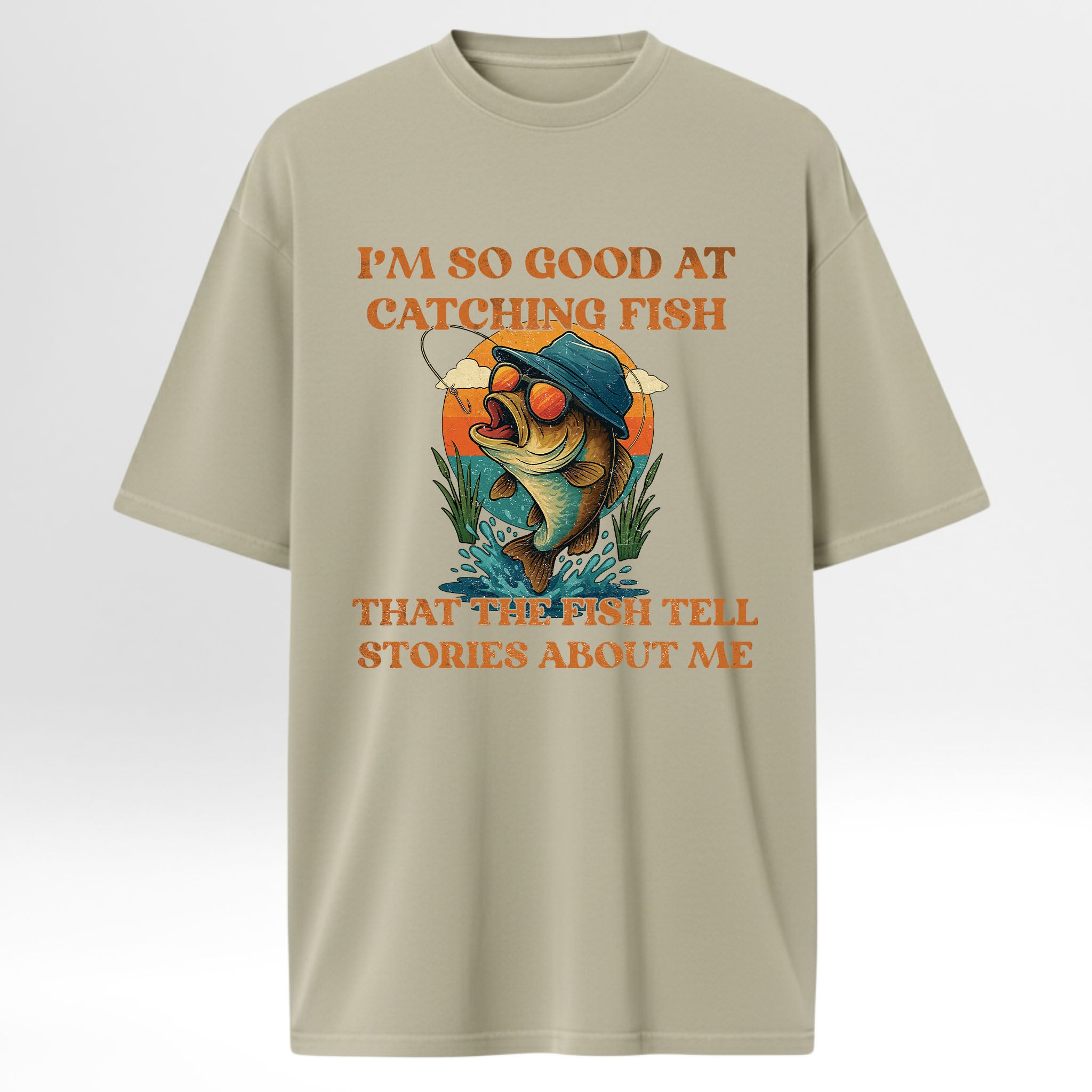 Beige fishing t-shirt with fishing graphic and text.