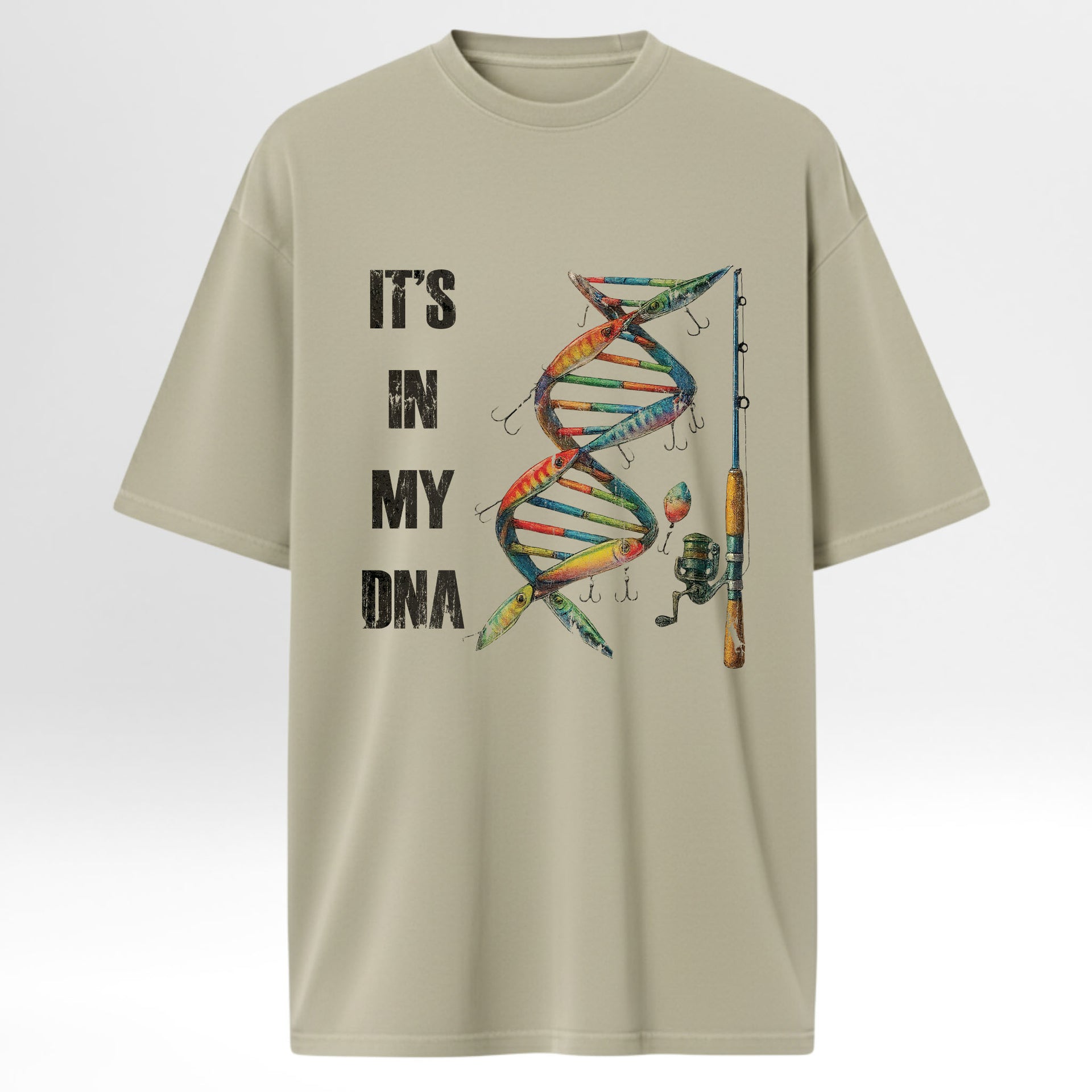 Beige fishing graphic t-shirt with DNA graphic and fishing elements on a white background