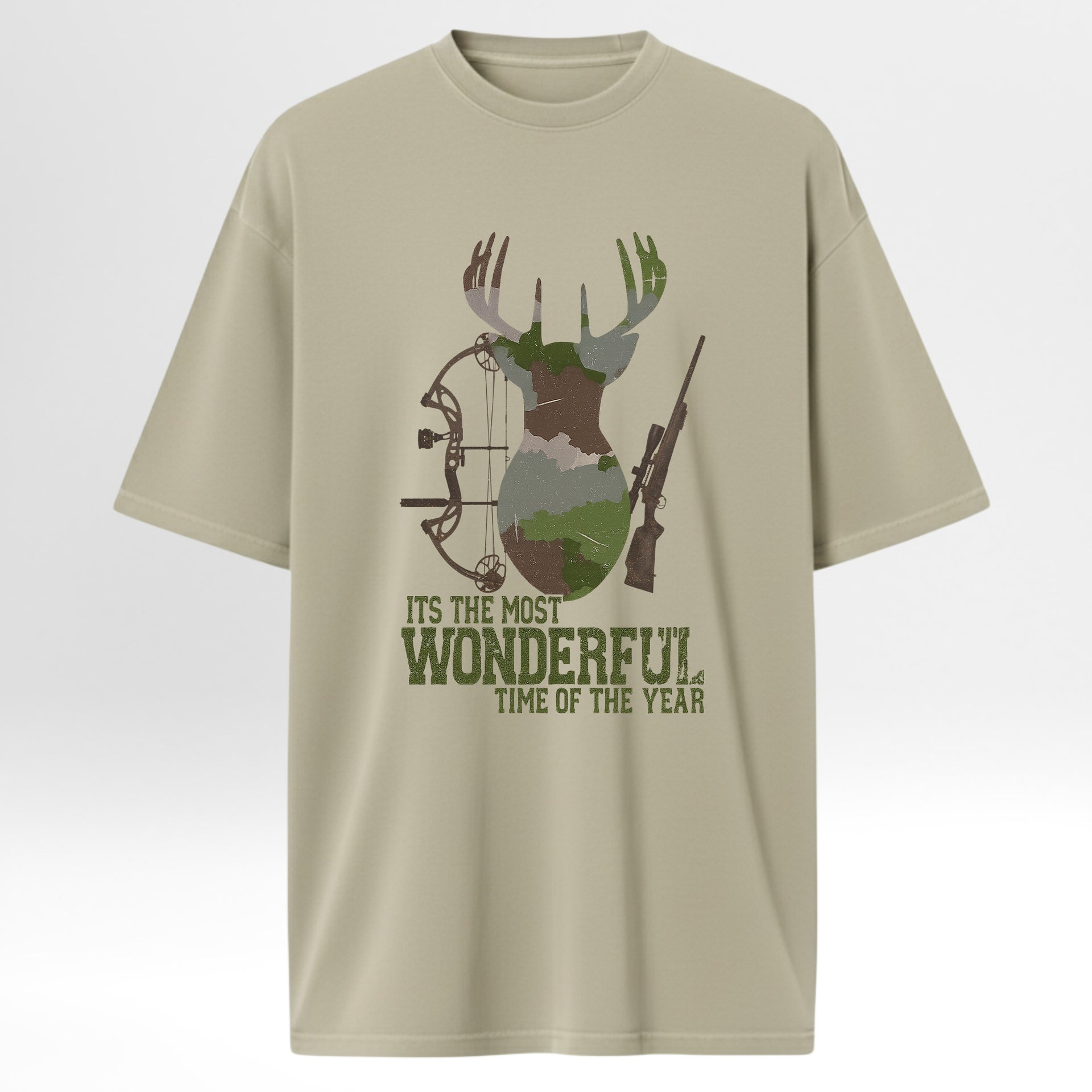 Beige hunting t-shirt with hunting graphic and text 'It's The Most Wonderful Time Of The Year'.