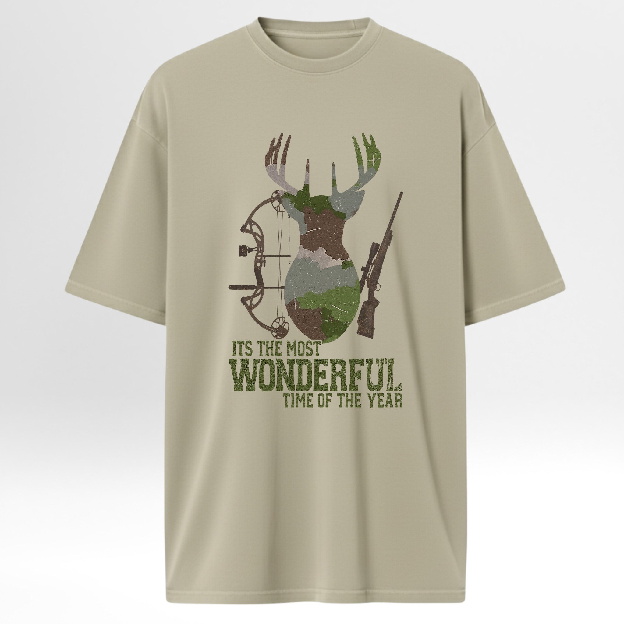Beige hunting t-shirt with hunting graphic and text 'It's The Most Wonderful Time Of The Year'.