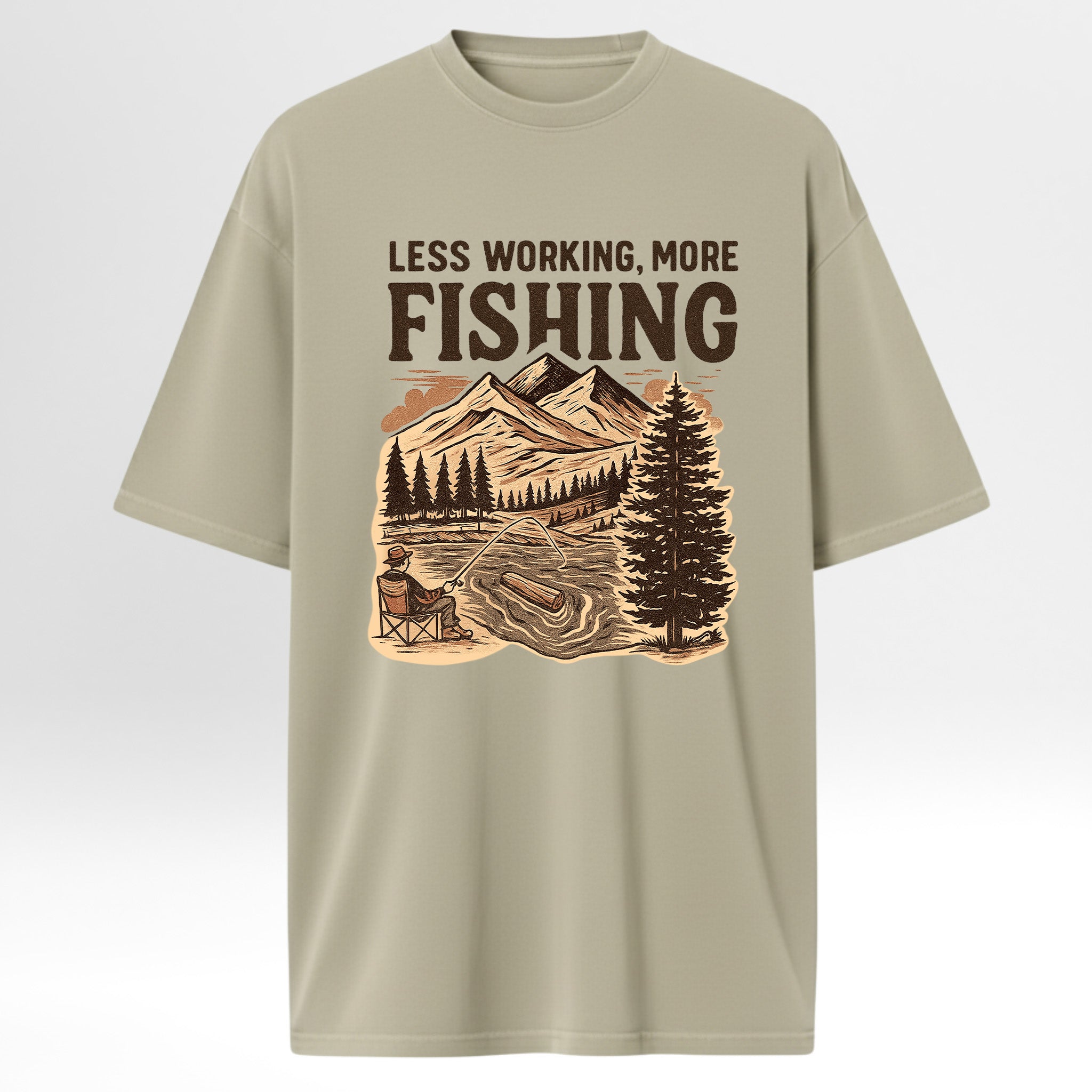 Beige fishing graphic t-shirt with fishing graphic and text 'LESS WORKING, MORE FISHING' 
