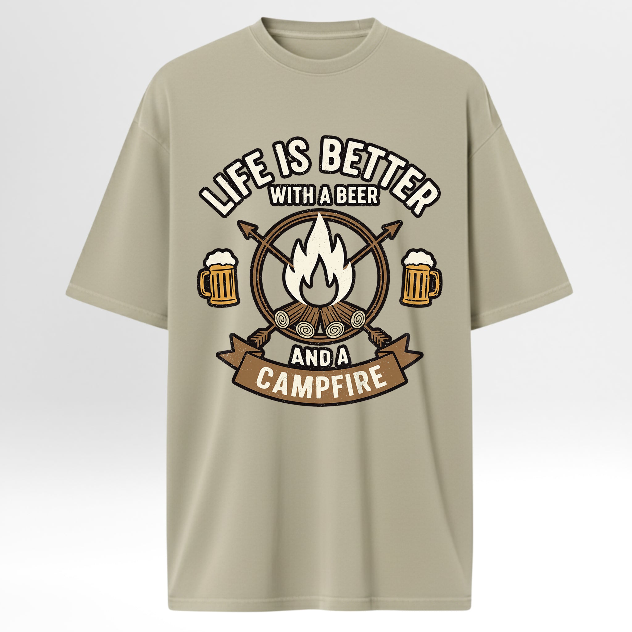 Beige camp & trail t-shirt with 'Life is better with a beer and a campfire' graphic.