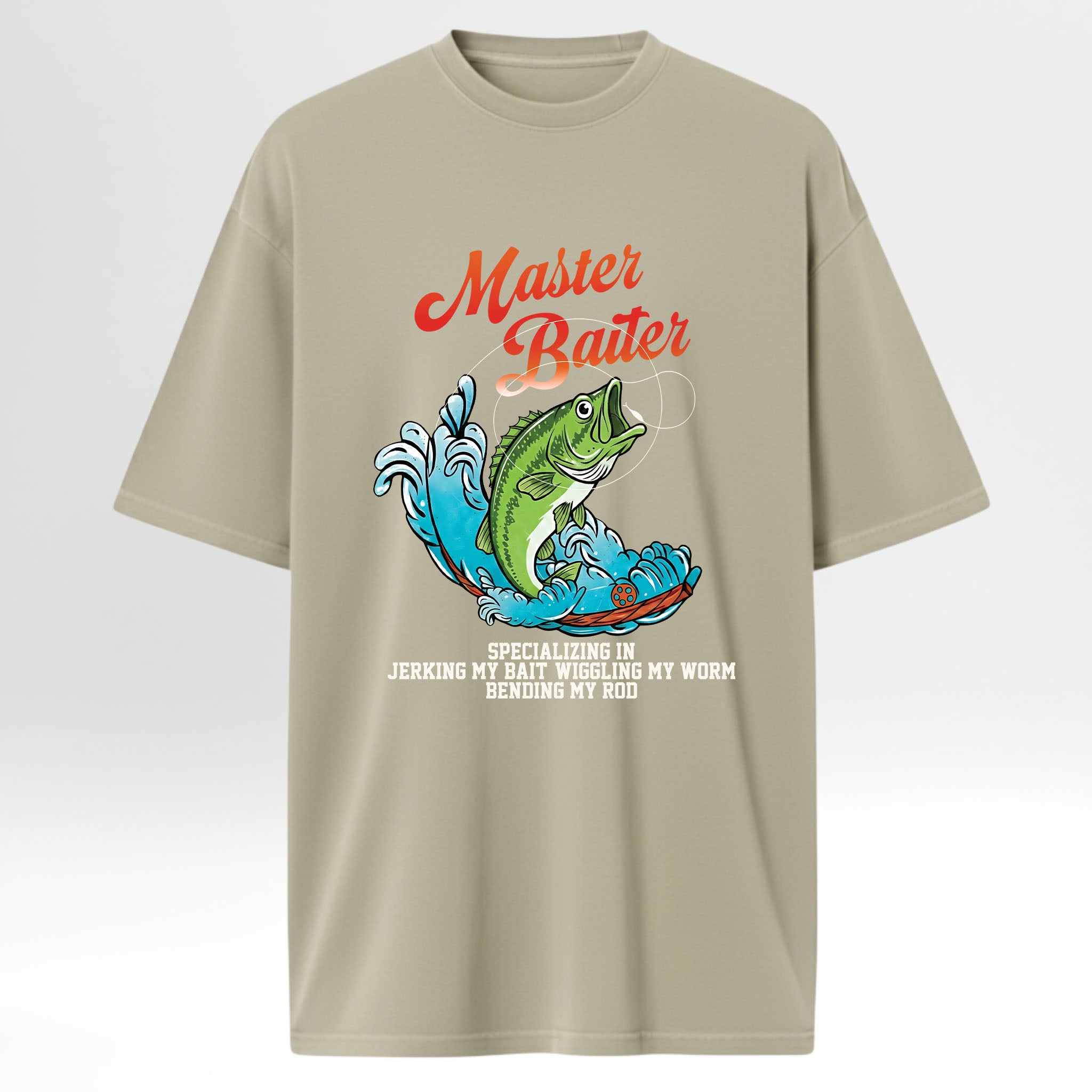 Beige fishing t-shirt with fishing graphic and text.