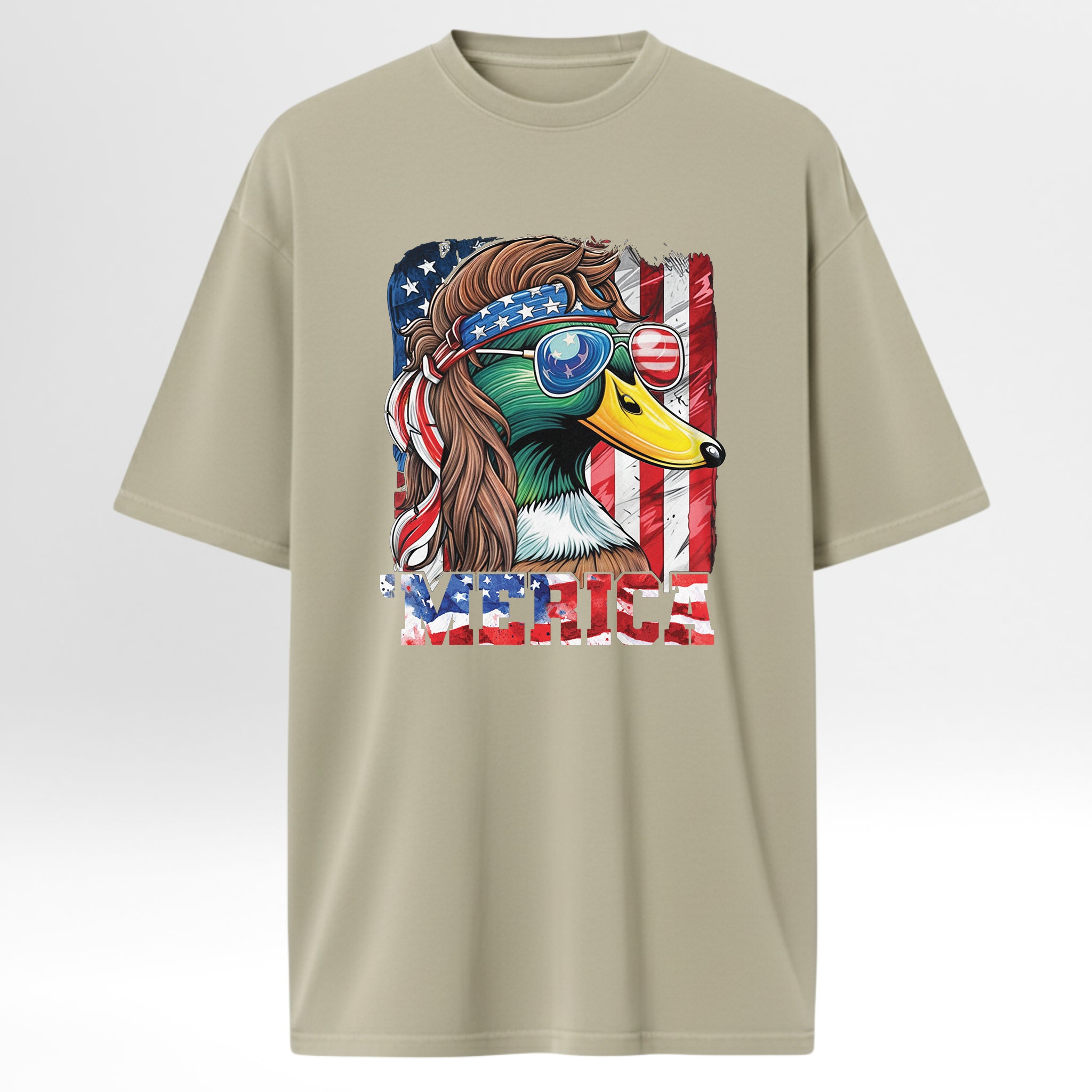 Beige hunting graphic t-shirt with a graphic of a duck wearing sunglasses and an American flag headband.