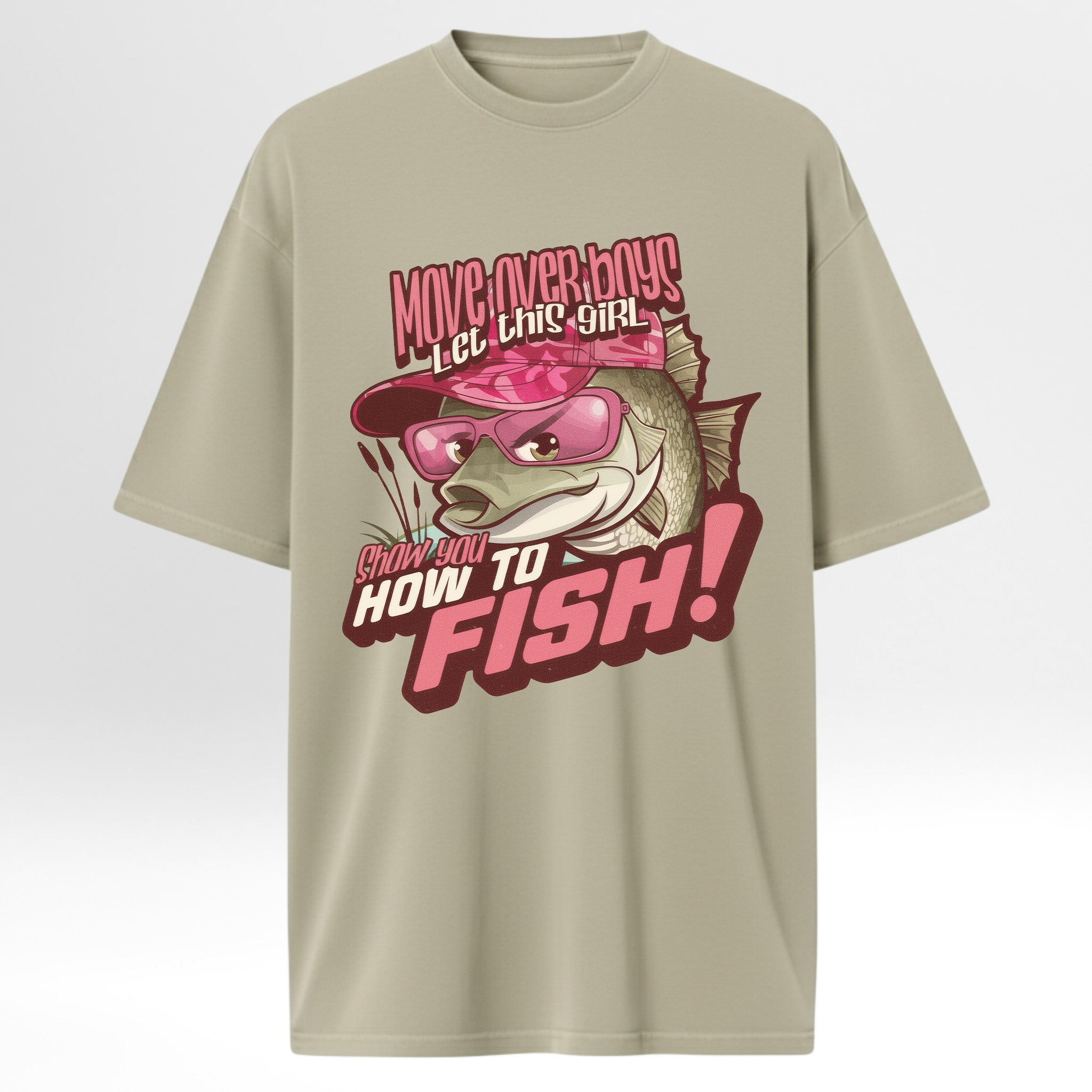 Beige fishing t-shirt with a fish graphic and text 'Move Over Boys Let This Girl Show You How To Fish'.