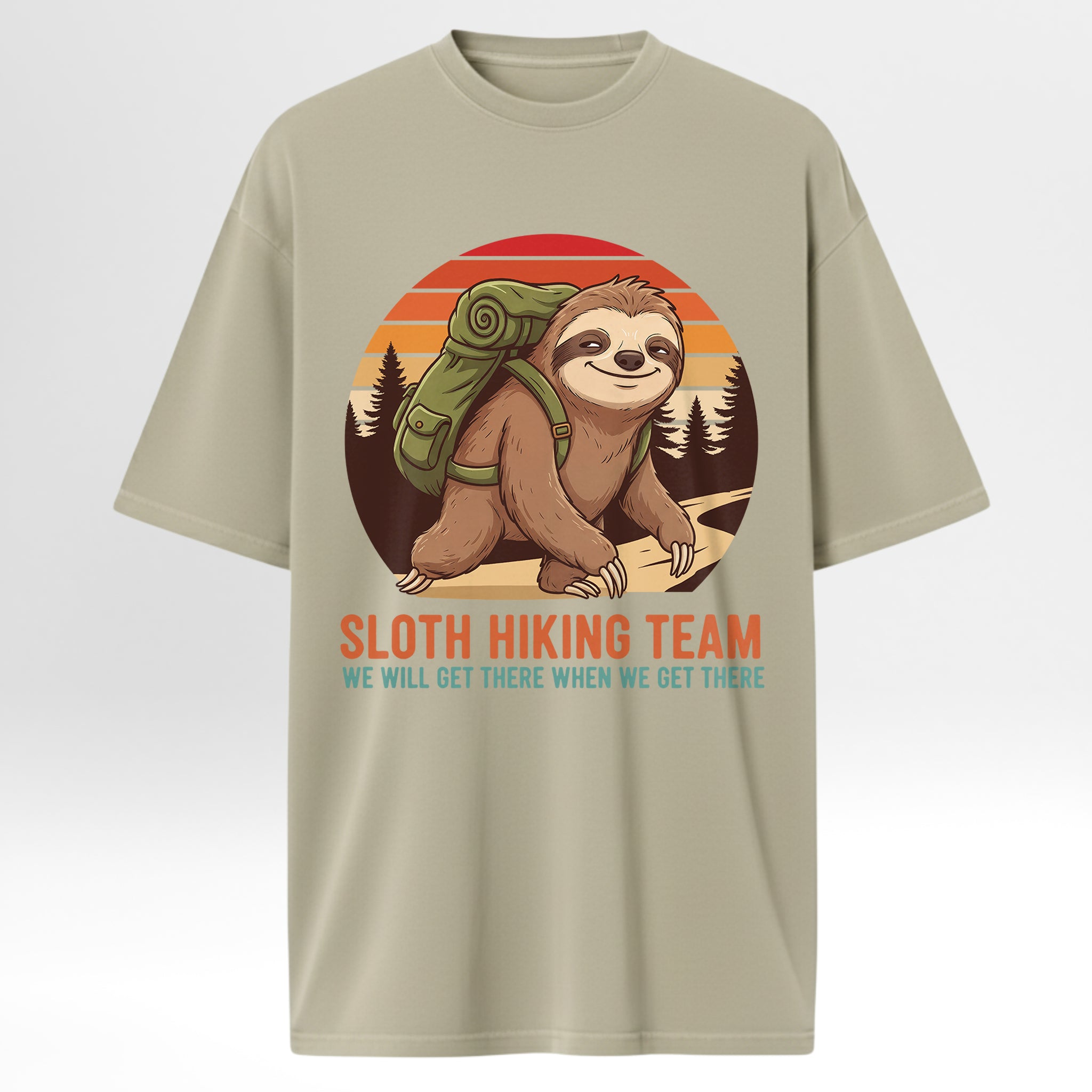 Beige camp & trail t-shirt with a sloth graphic and 'Sloth Hiking Team' text.