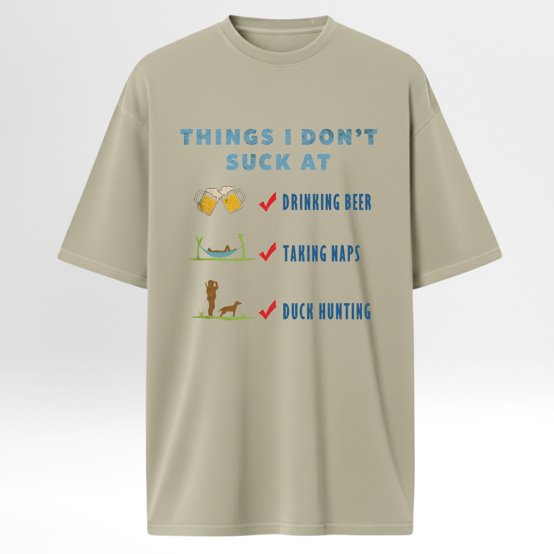 Beige hunting t-shirt with humorous text and graphics.
