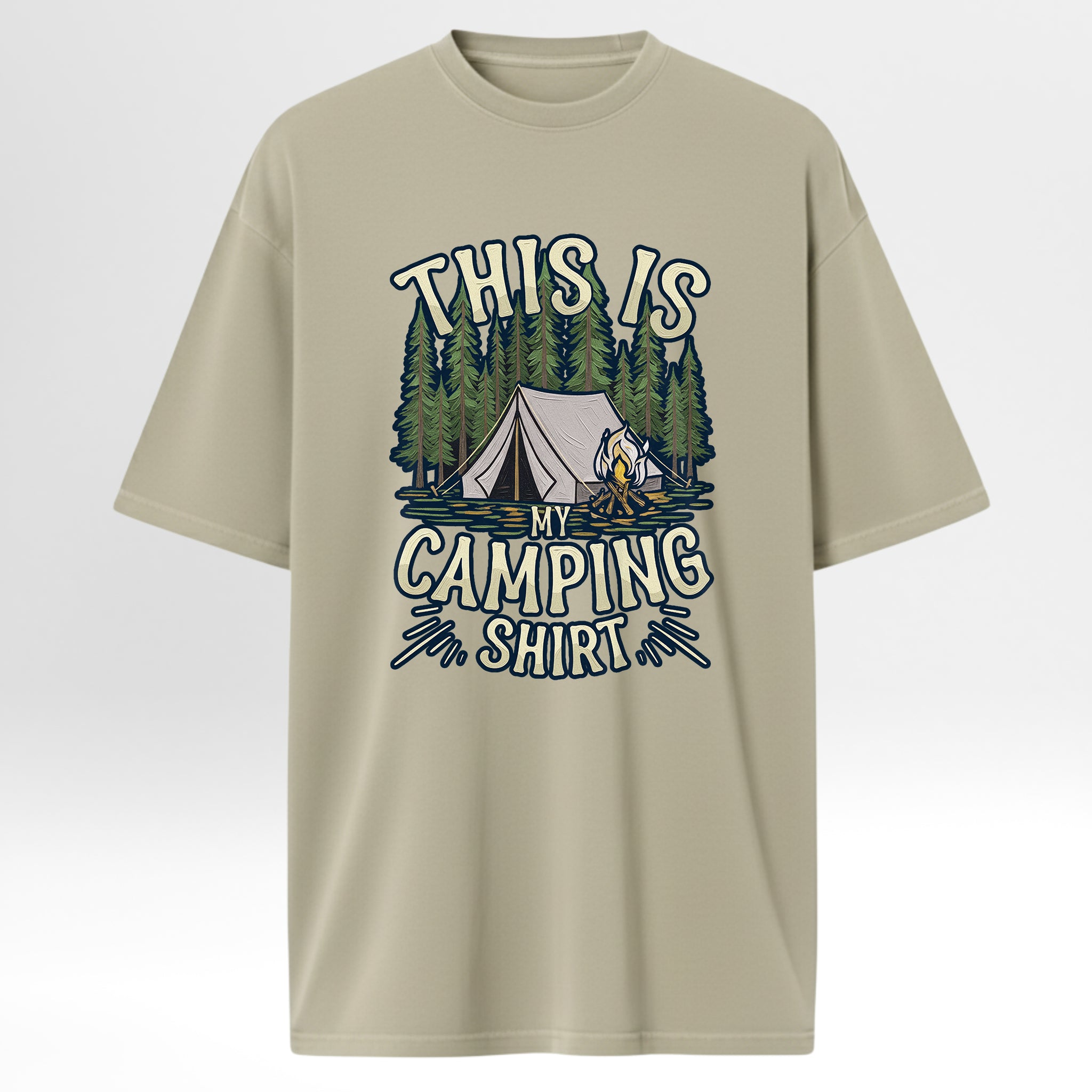 Beige camping t-shirt with camping graphic and text 'This Is My Camping Shirt'.