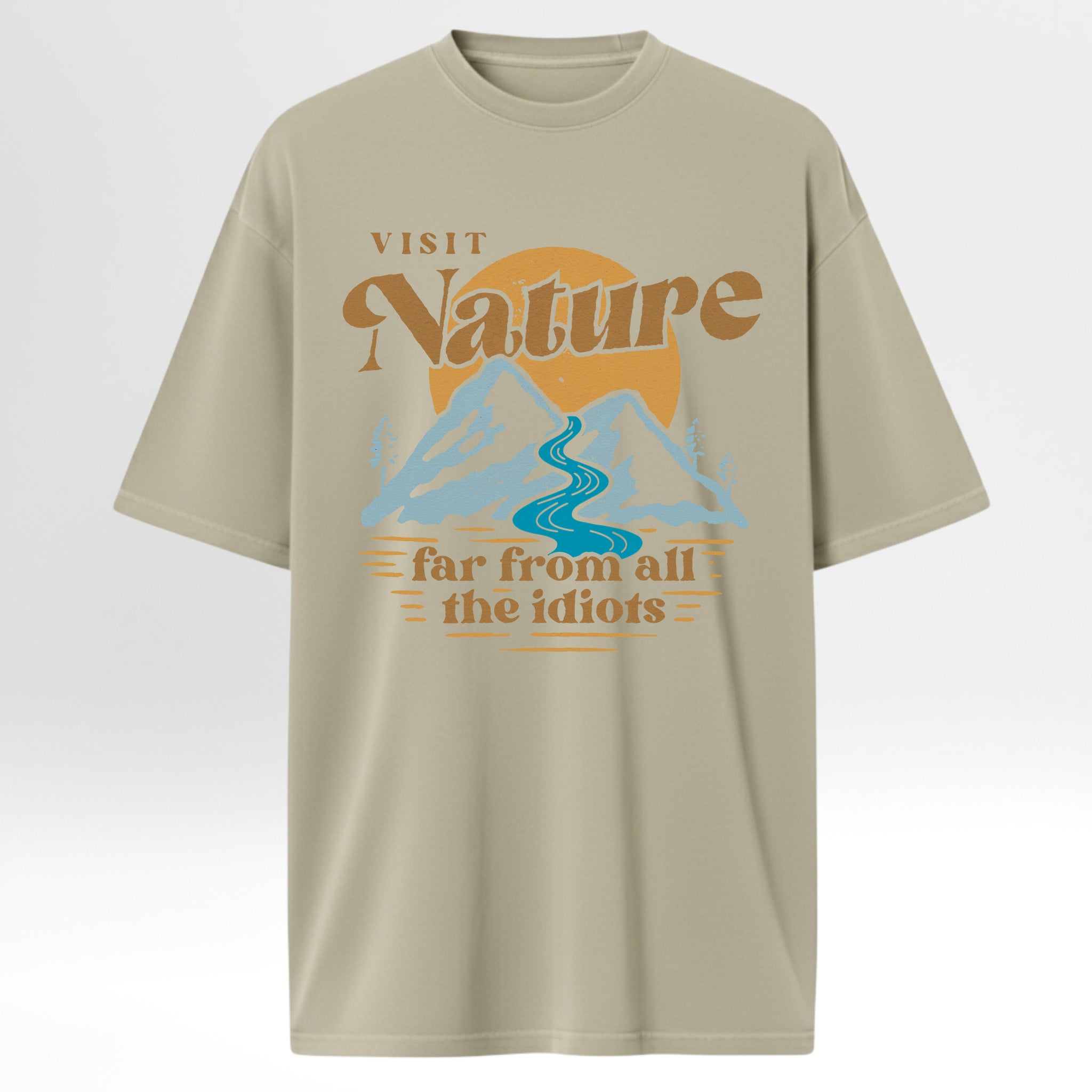 Beige camp & trail t-shirt with nature graphic and text 'Visit Nature Far From All The Idiots'.