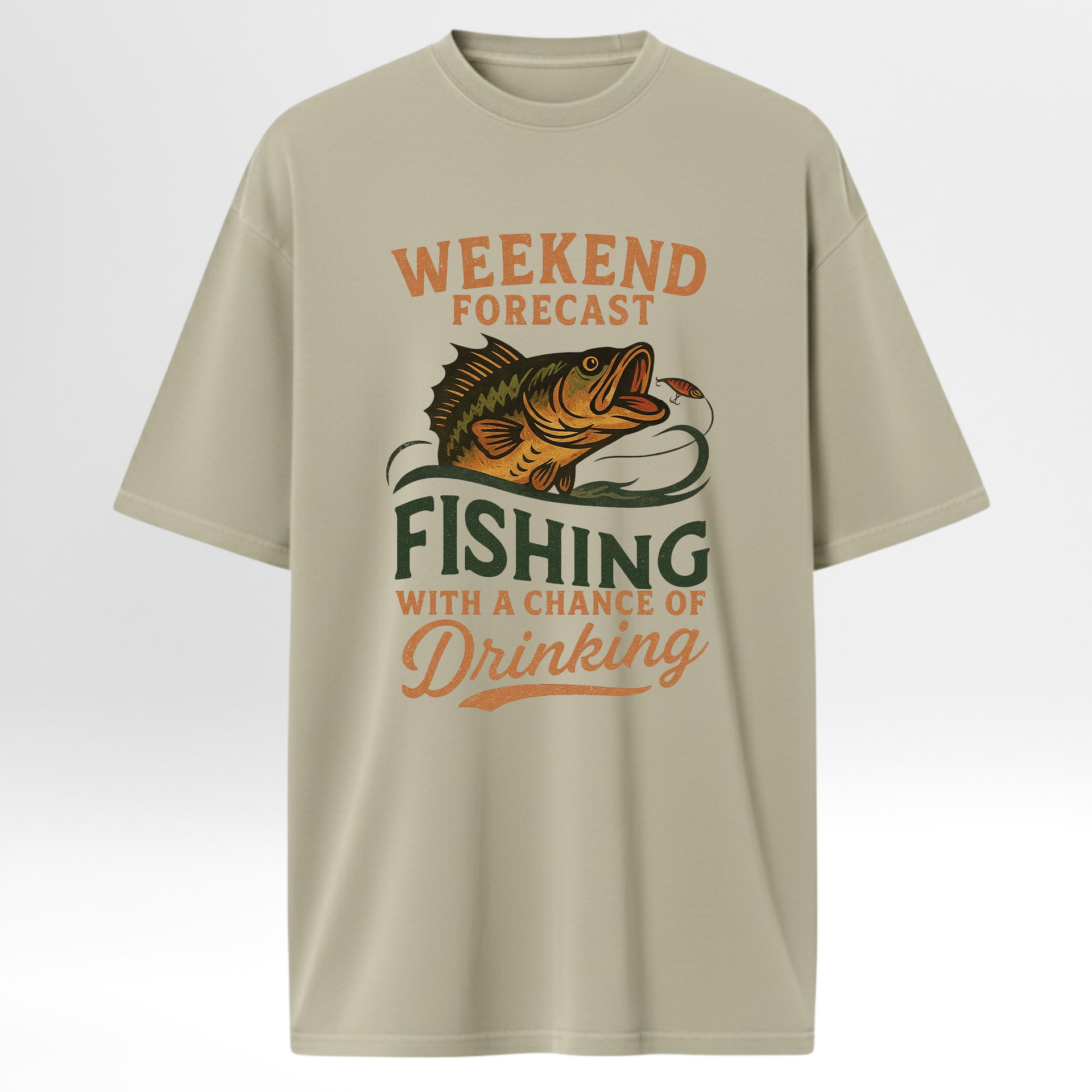 Beige fishing t-shirt with fishing graphic and text 'Weekend Forecast Fishing With A Chance Of Drinking'.