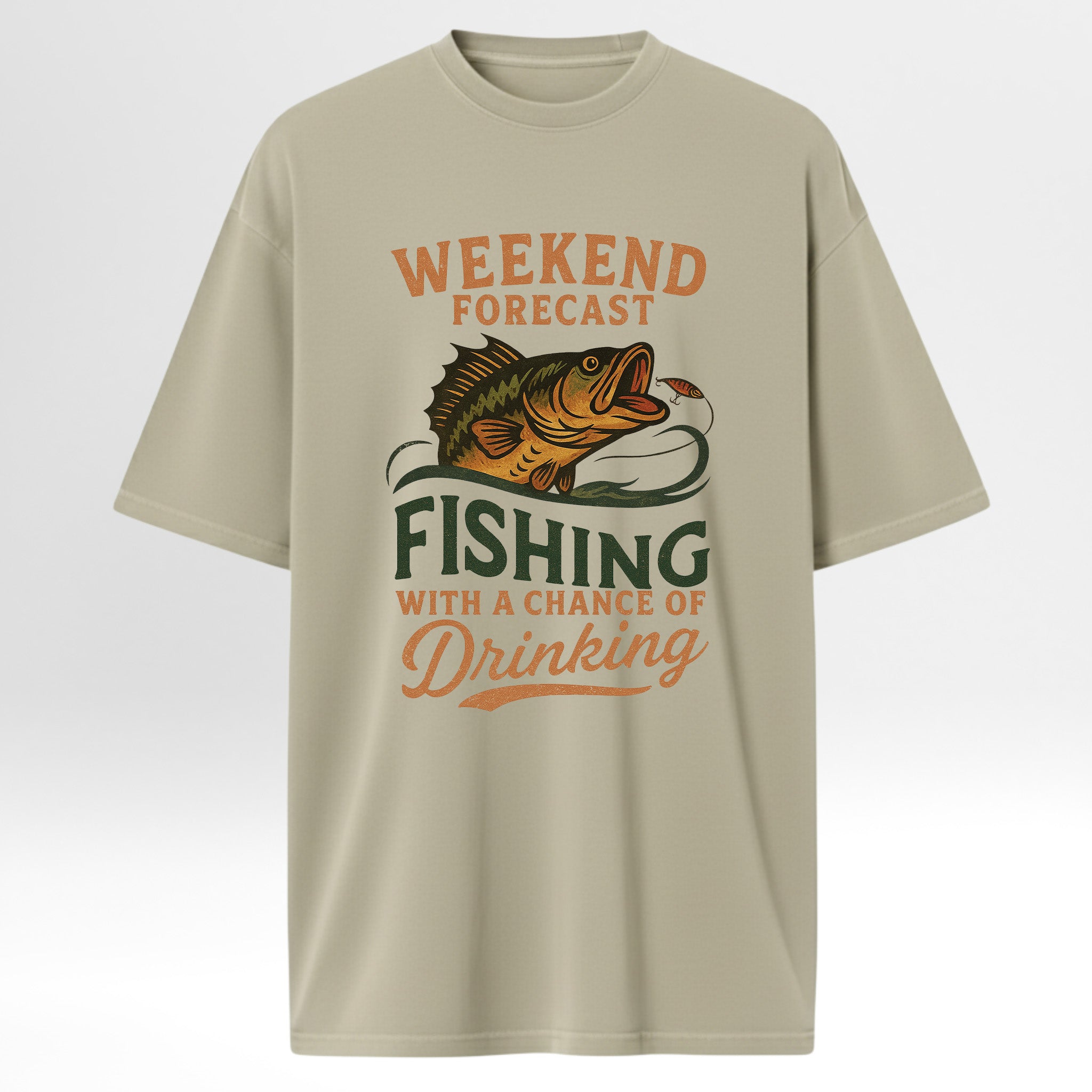 Beige fishing t-shirt with fishing graphic and text 'Weekend Forecast Fishing With A Chance Of Drinking'.