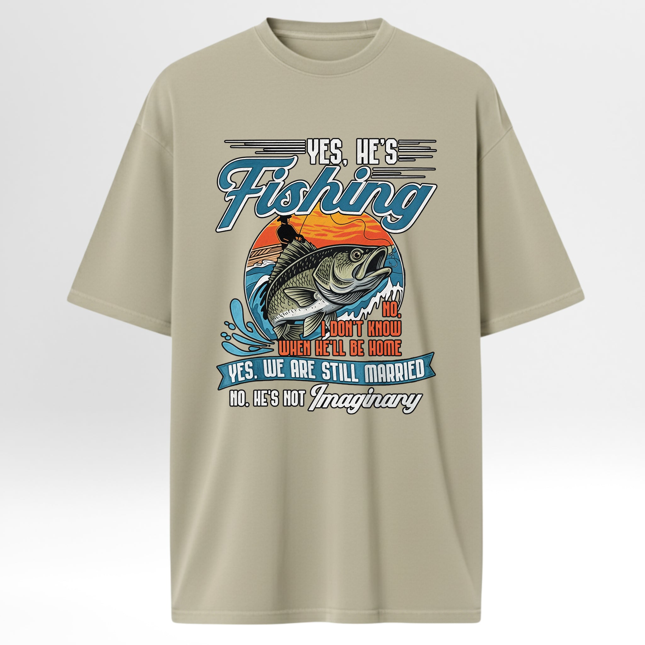 Beige fishing t-shirt with fishing graphic and text.