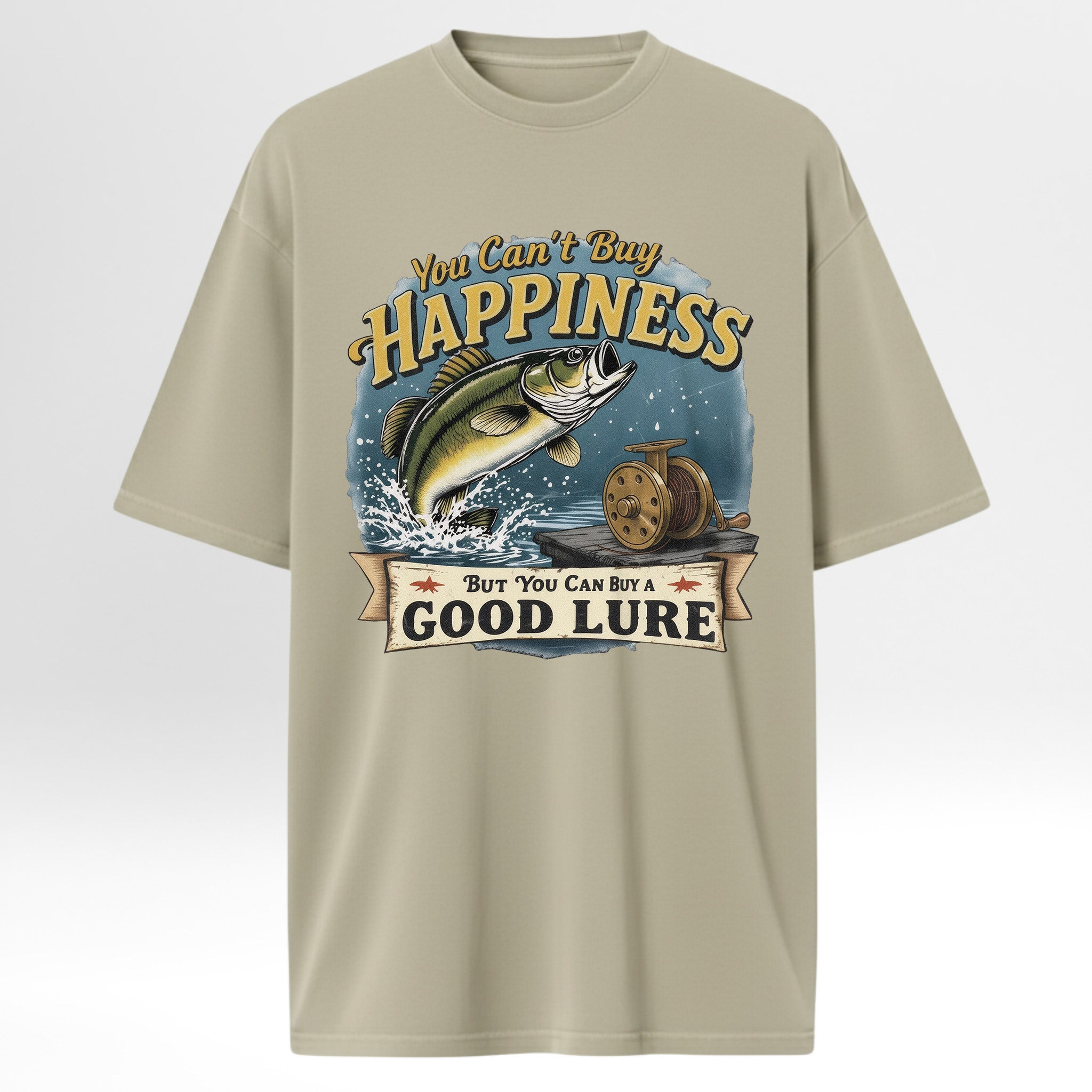 Beige fishing t-shirt with fishing graphic and text 'You Can't Buy Happiness But You Can Buy A Good Lure'.