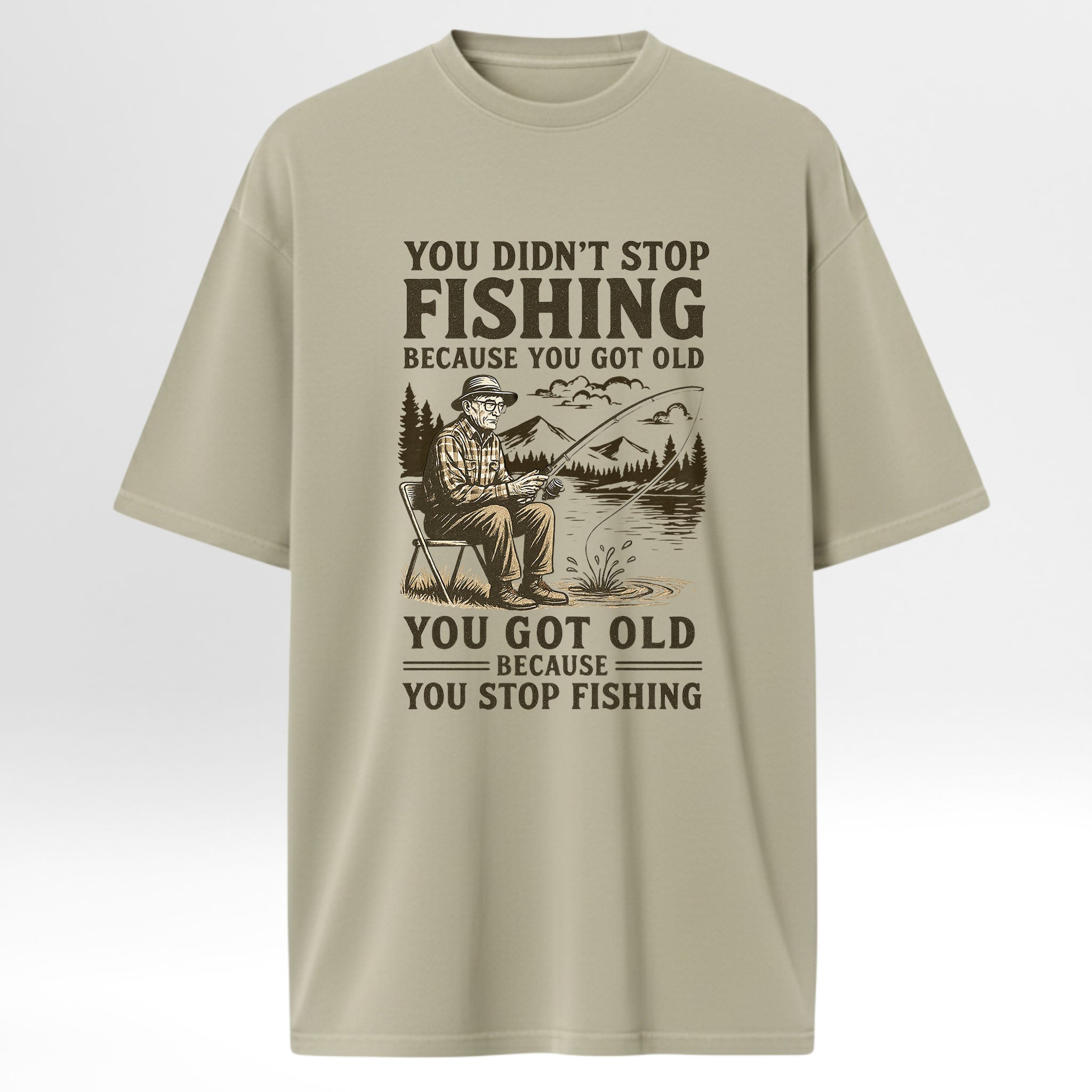 Beige fishing t-shirt with fishing-themed graphic and text.