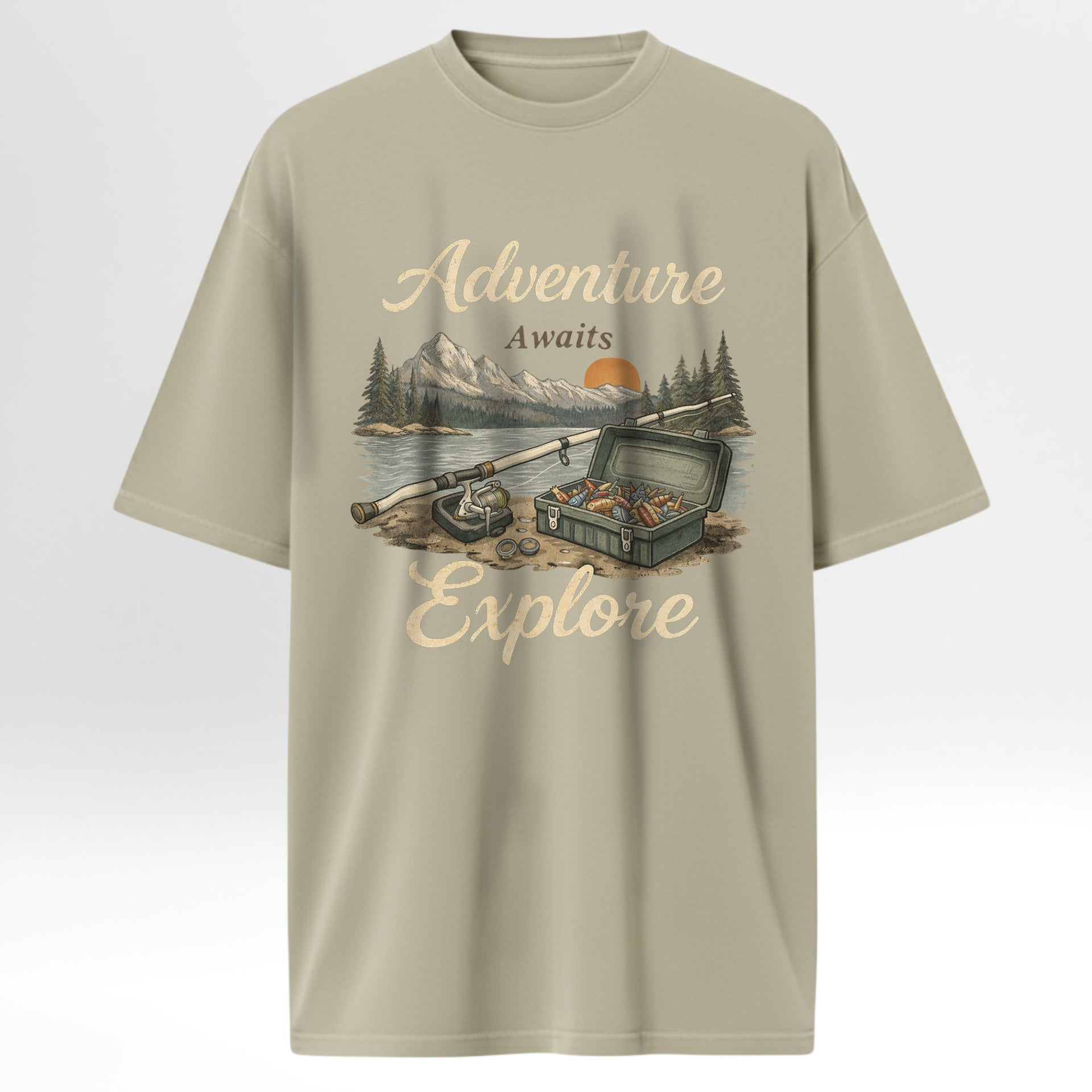 Beige fishing t-shirt with outdoor-themed graphic and 'Adventure Awaits, Explore' text on a white background