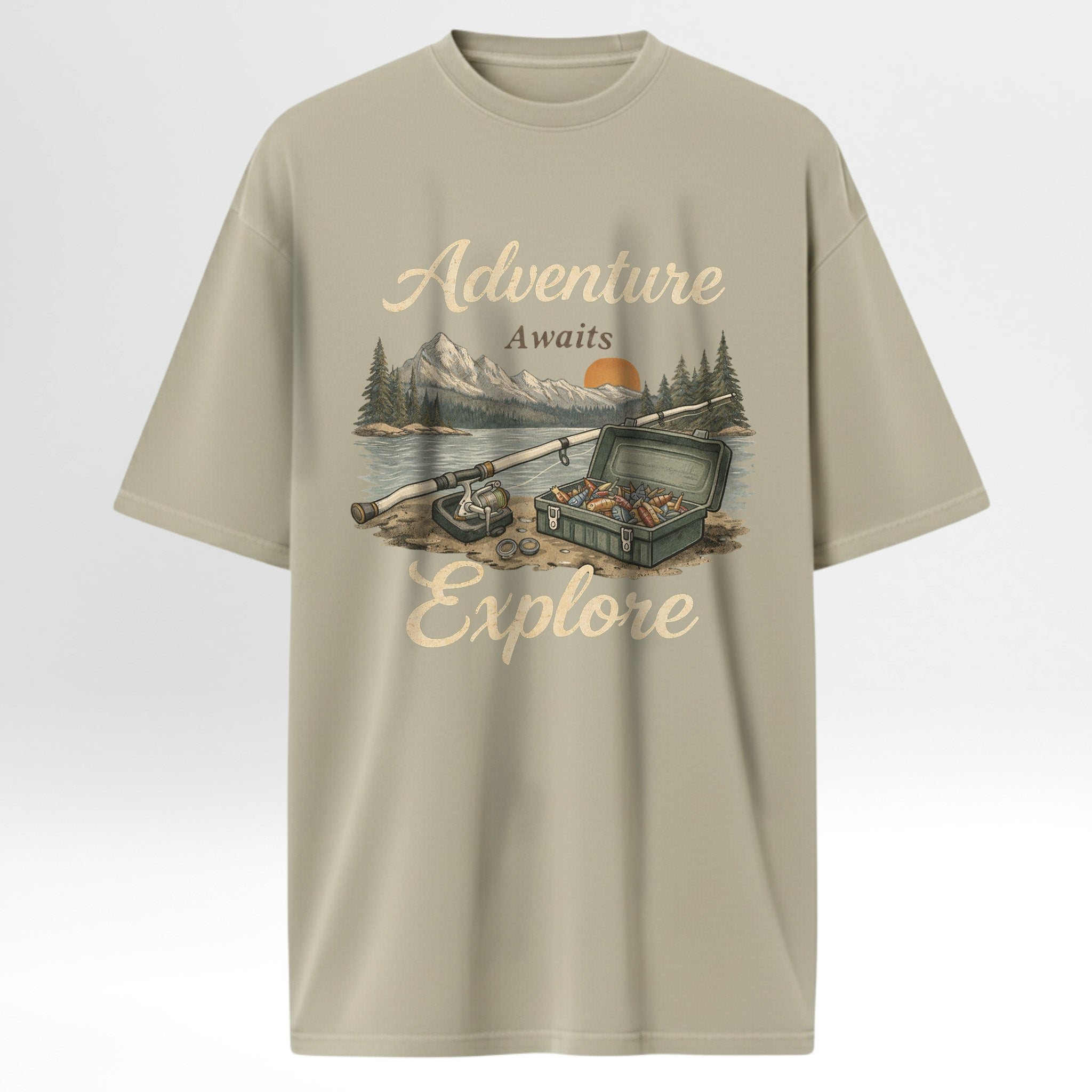 Beige fishing t-shirt with outdoor-themed graphic and 'Adventure Awaits, Explore' text on a white background