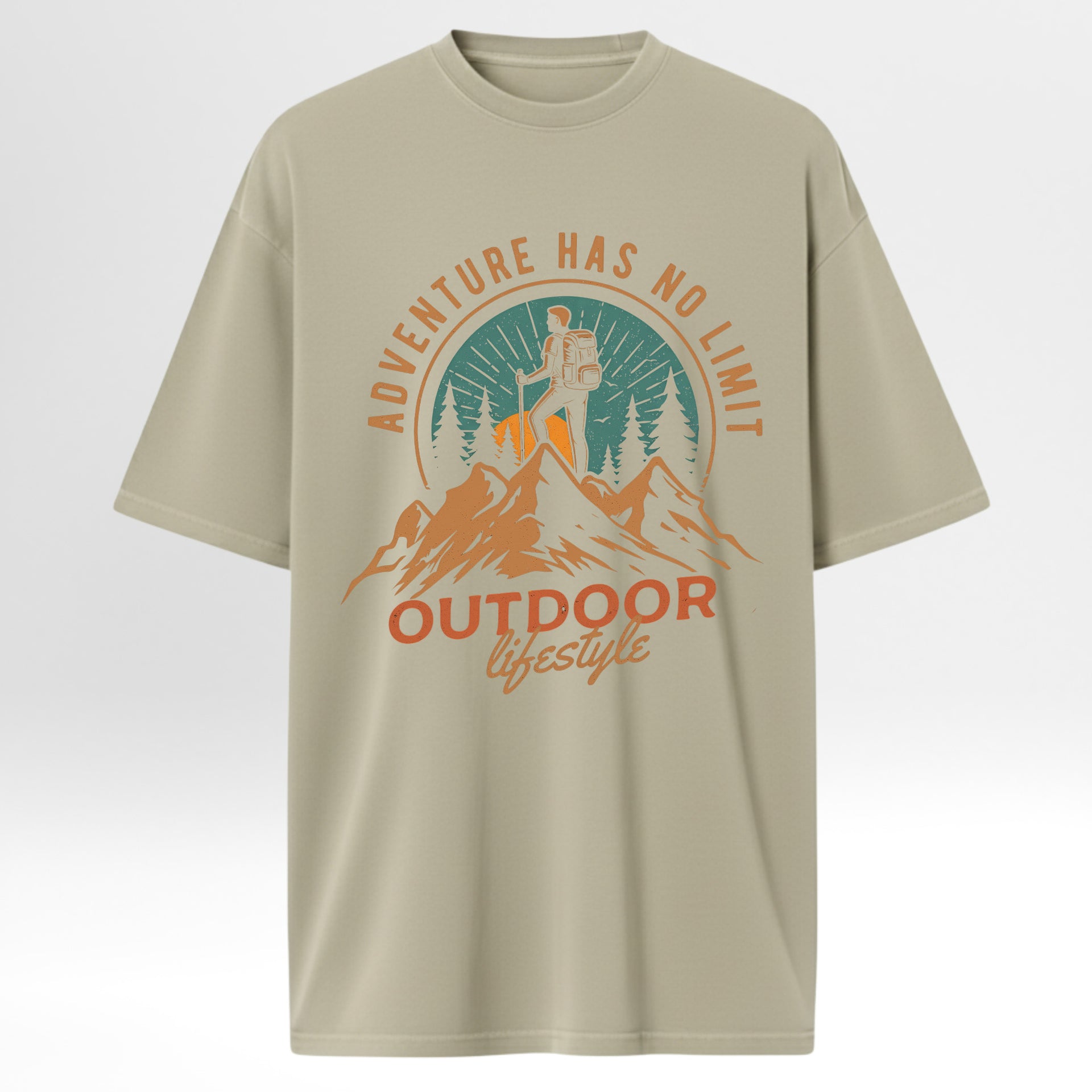 Beige trail graphic t-shirt with outdoor-themed graphic and text on a white background