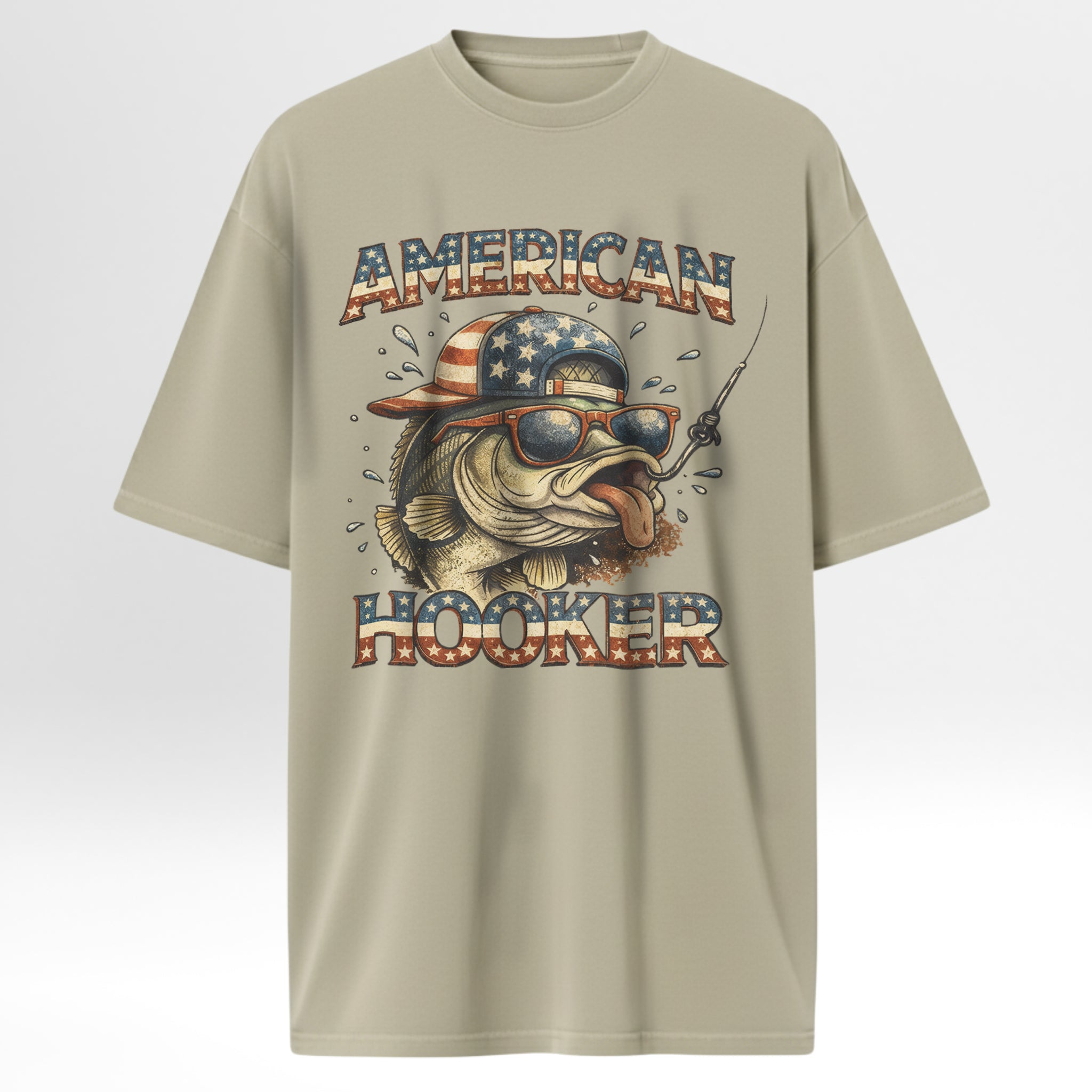 Beige fishing t-shirt with a fish wearing sunglasses and an American flag hat graphic and 'American Hooker' text.