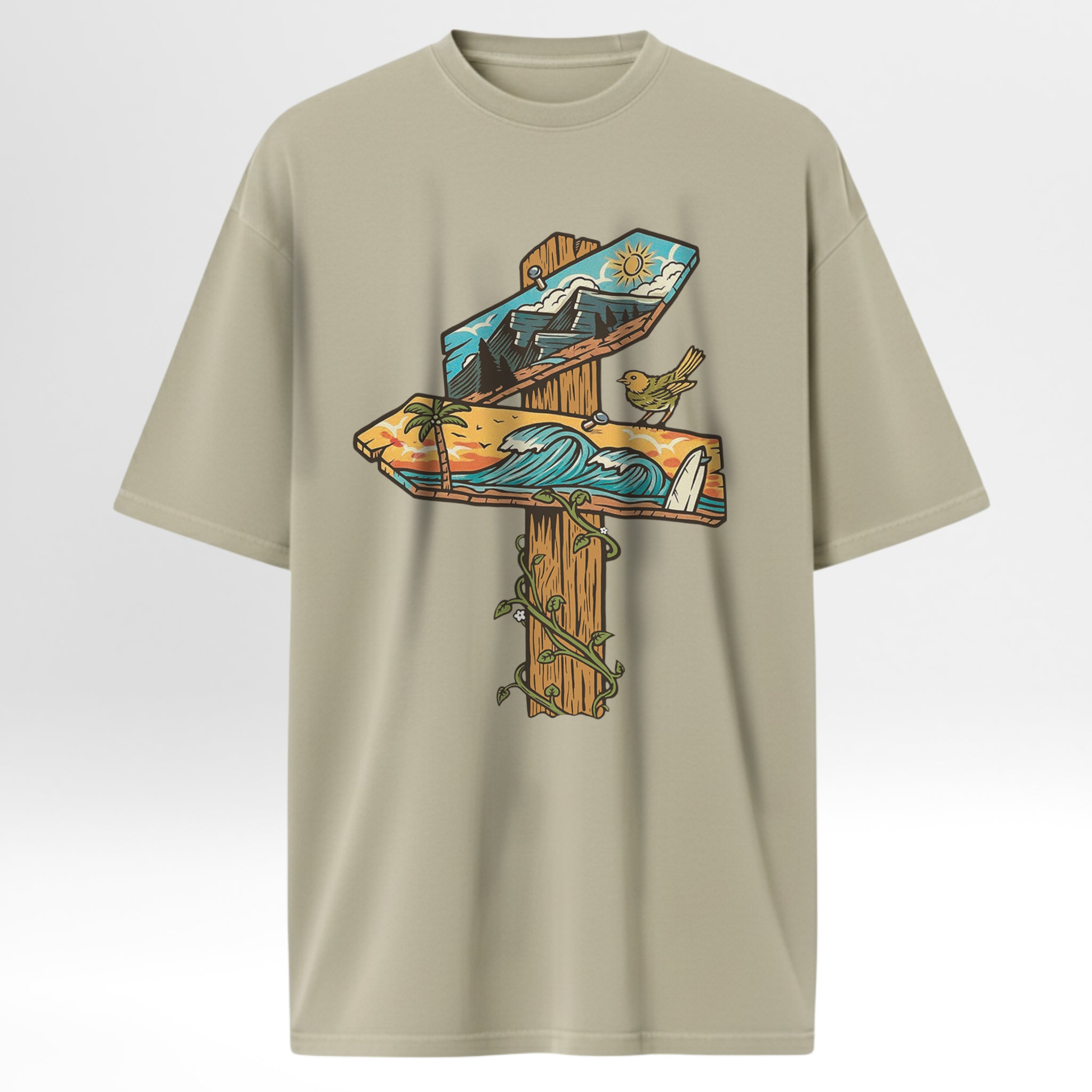 Beige t-shirt with a wooden crossroads design featuring nature elements on a light gray background.