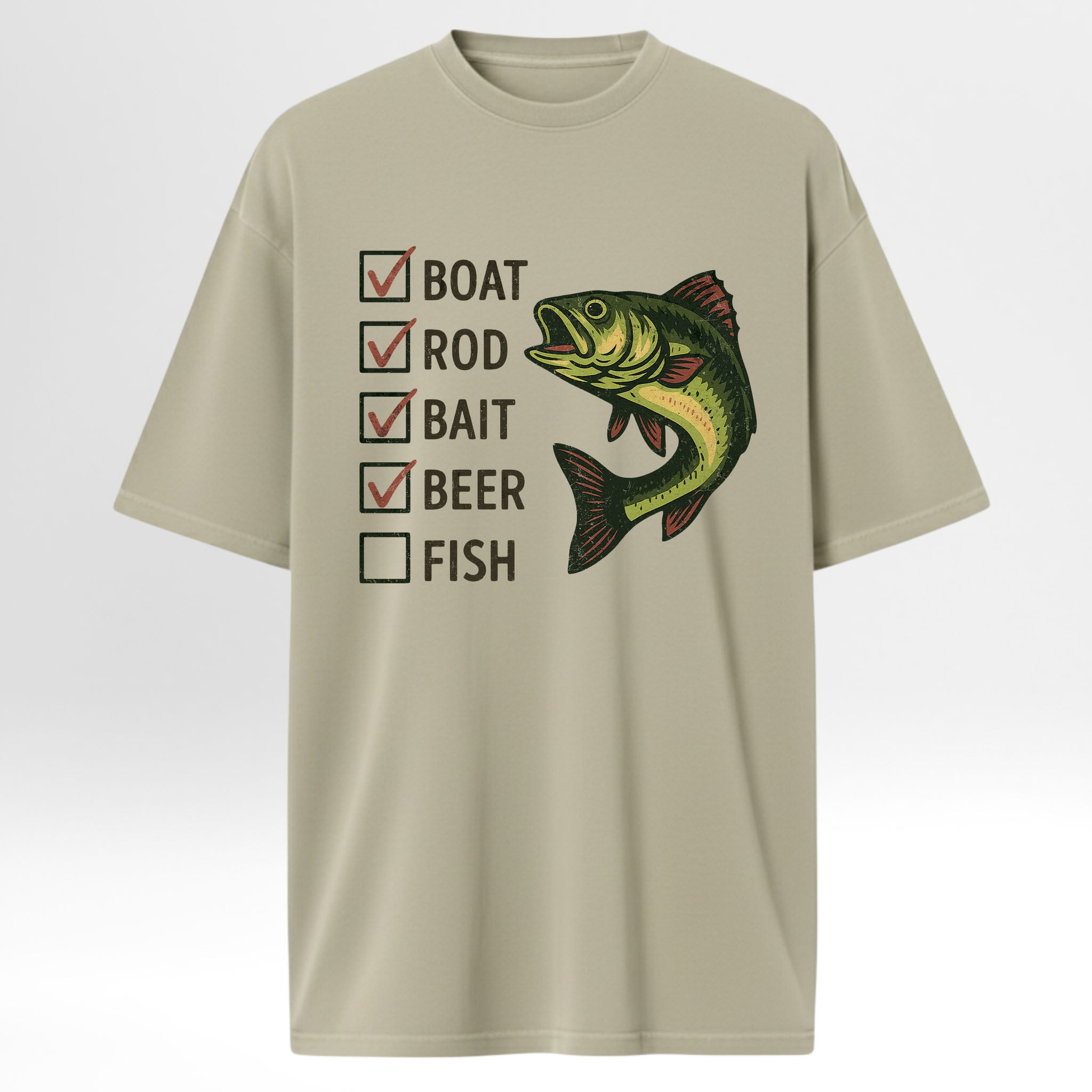 Beige fishing graphic t-shirt with a fish graphic and checklist on a white background