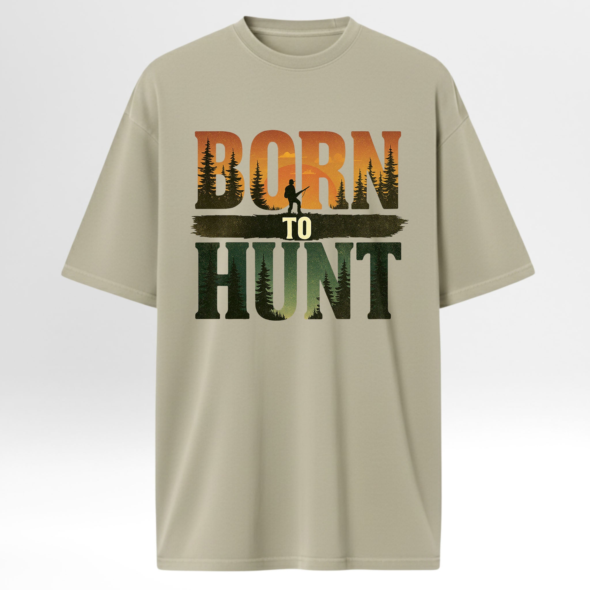 Beige hunting graphic t-shirt with 'Born to Hunt' graphic design on a white background