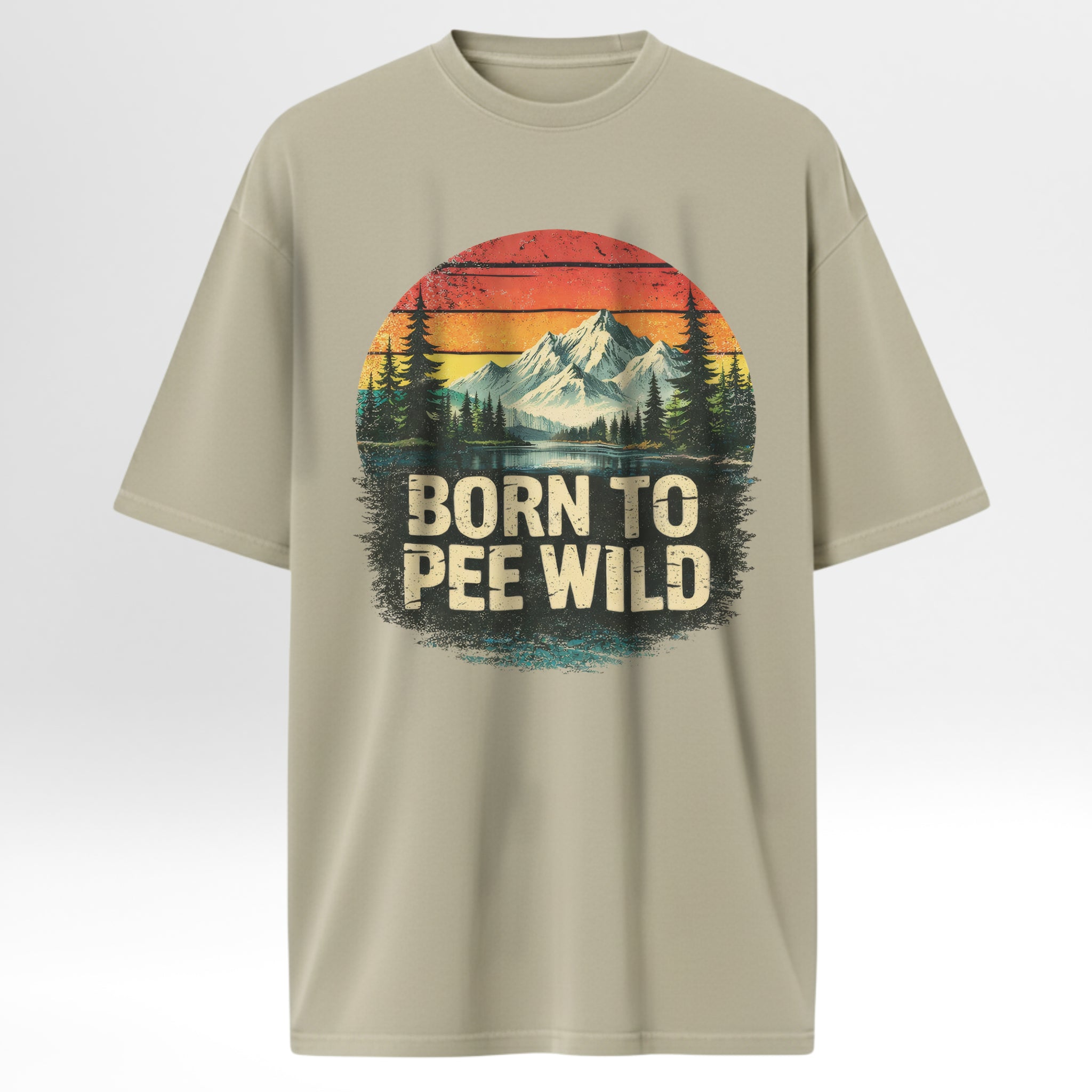 Beige t-shirt with 'Born to Pee Wild' graphic design