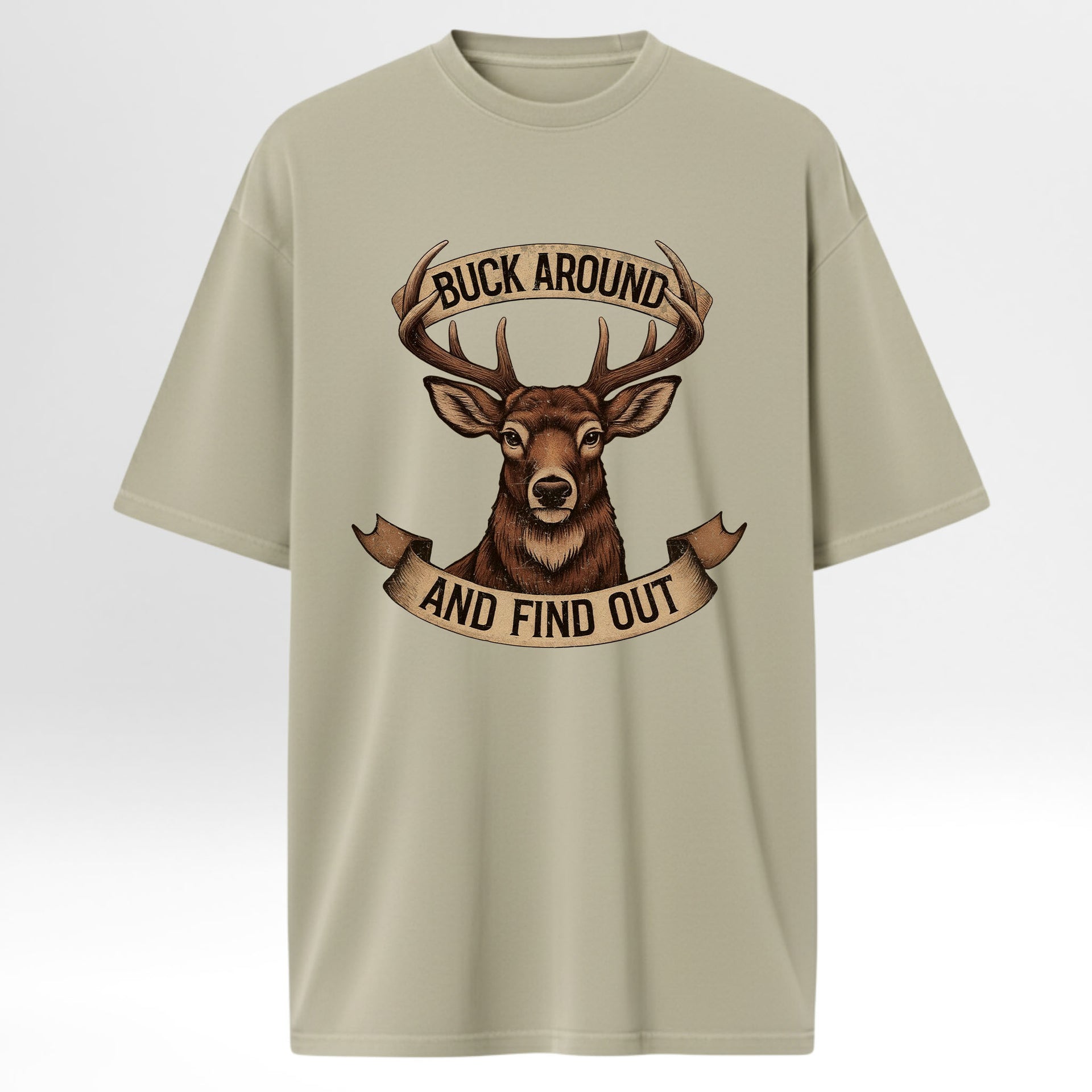 Beige hunting graphic t-shirt with a deer graphic and text on a white background