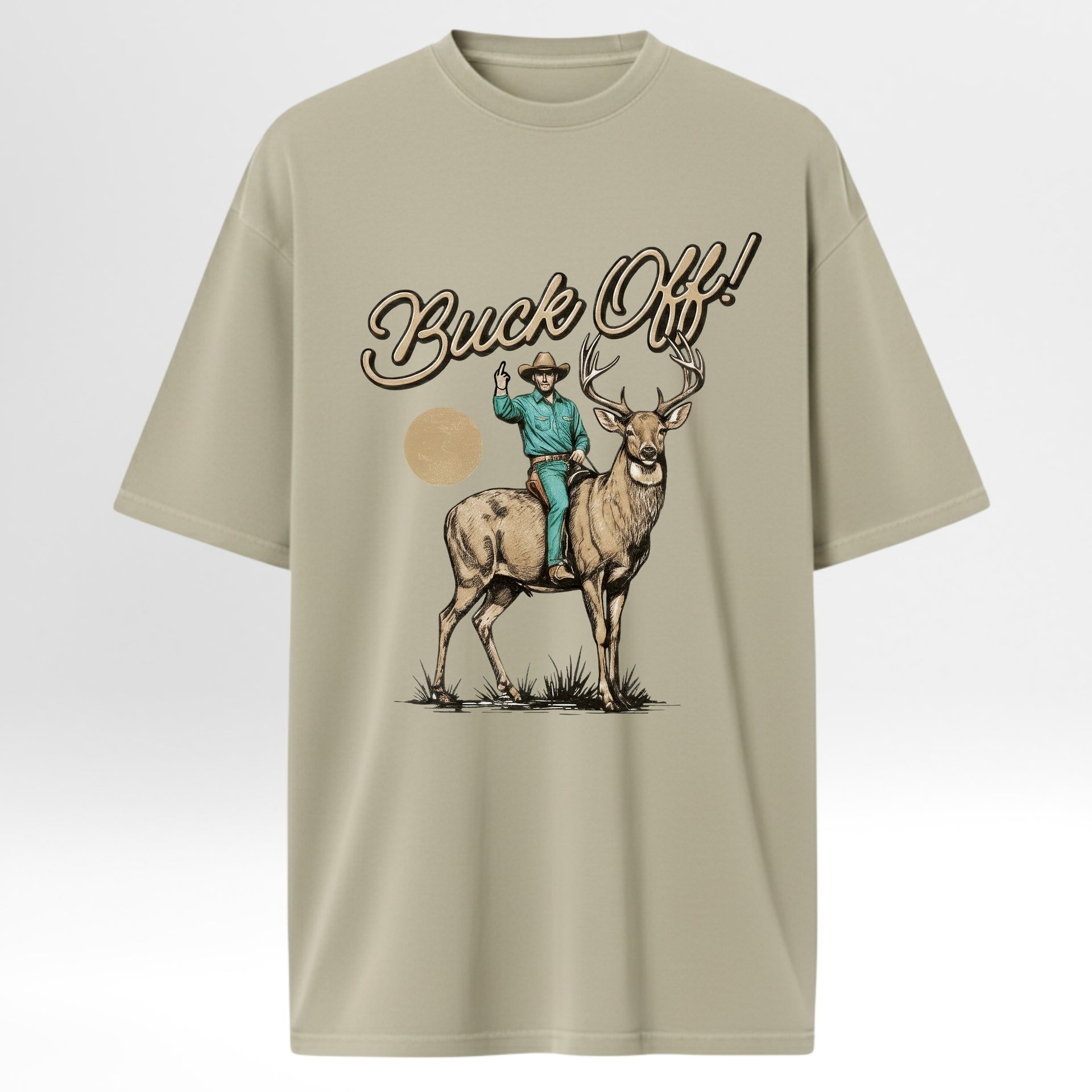 Beige hunting graphic t-shirt with a graphic of a man on a deer and 'Buck Off!' text on a white background