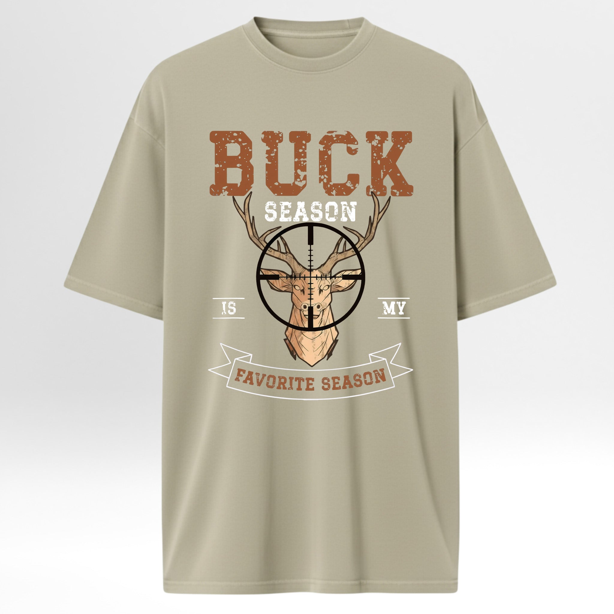 Beige hunting graphic t-shirt with a graphic of a deer head with antlers and text on a white background