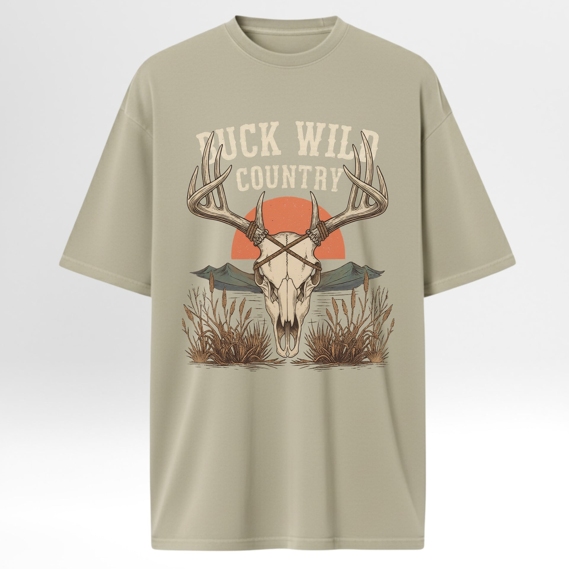 Beige hunting graphic t-shirt with a graphic design of a deer skull and antlers on a light gray background