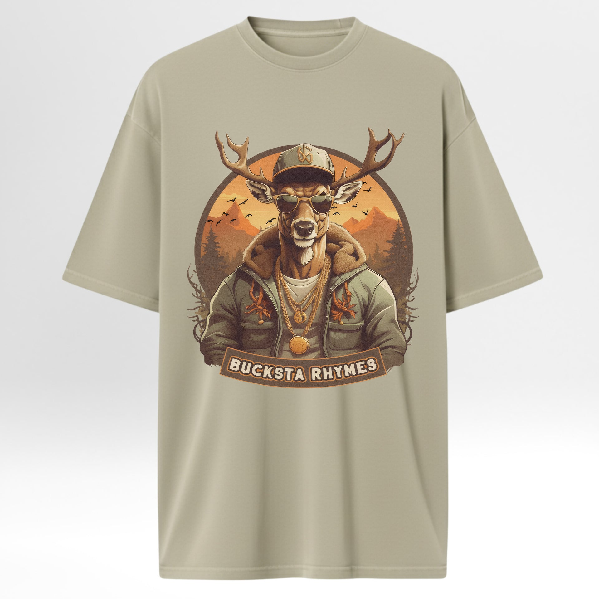 Beige hunting graphic t-shirt with a graphic of a deer wearing sunglasses and a cap, with 'Bucksta Rhymes' text.