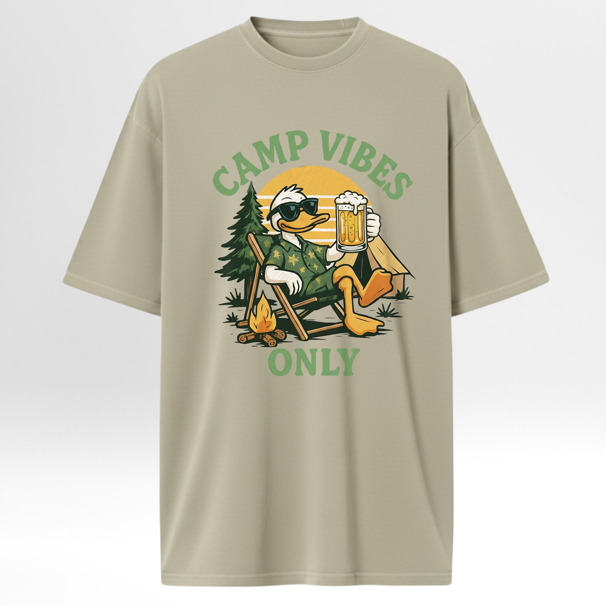 Beige camping graphic t-shirt with a cartoon duck holding a beer and 'Camp Vibes Only' text on a white background