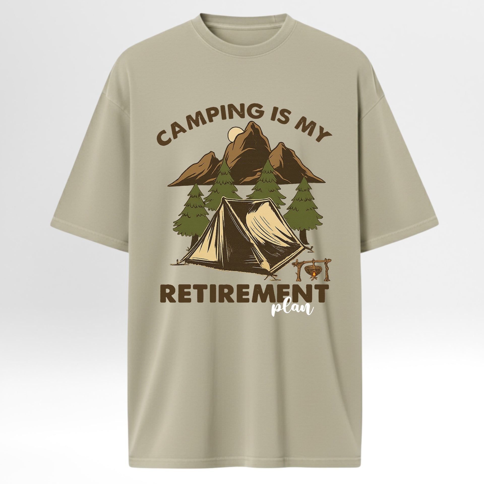 Beige camping graphic t-shirt with camping graphic and text on a white background
