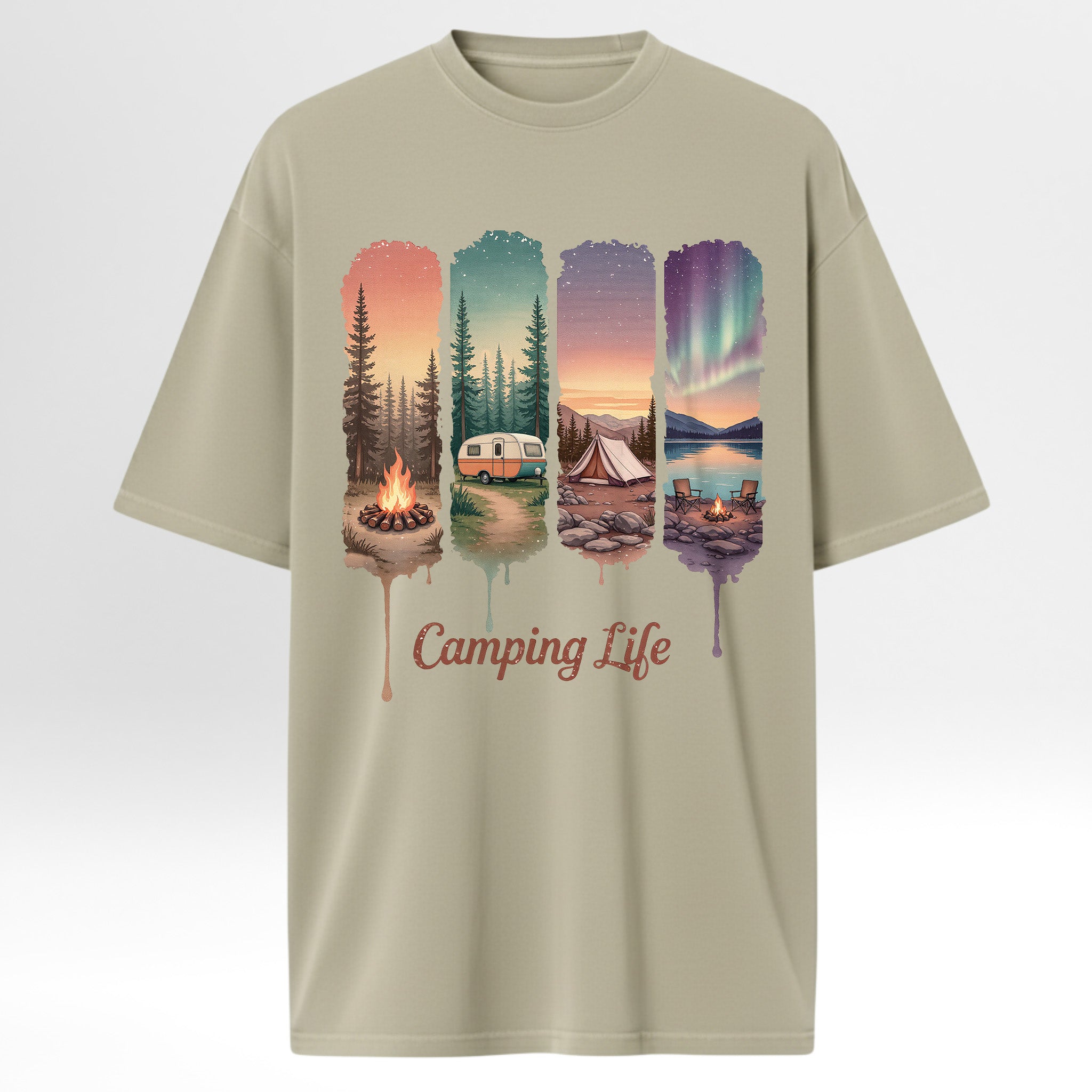 Beige camping graphic t-shirt with camping-themed graphic and 'Camping Life' text on a white background