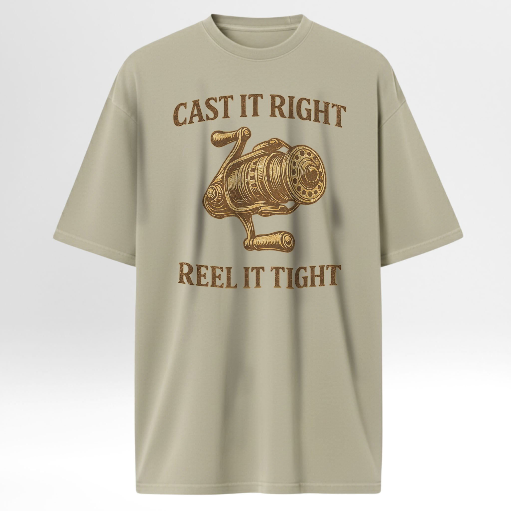 Beige fishing t-shirt with fishing reel graphic and text on a white background