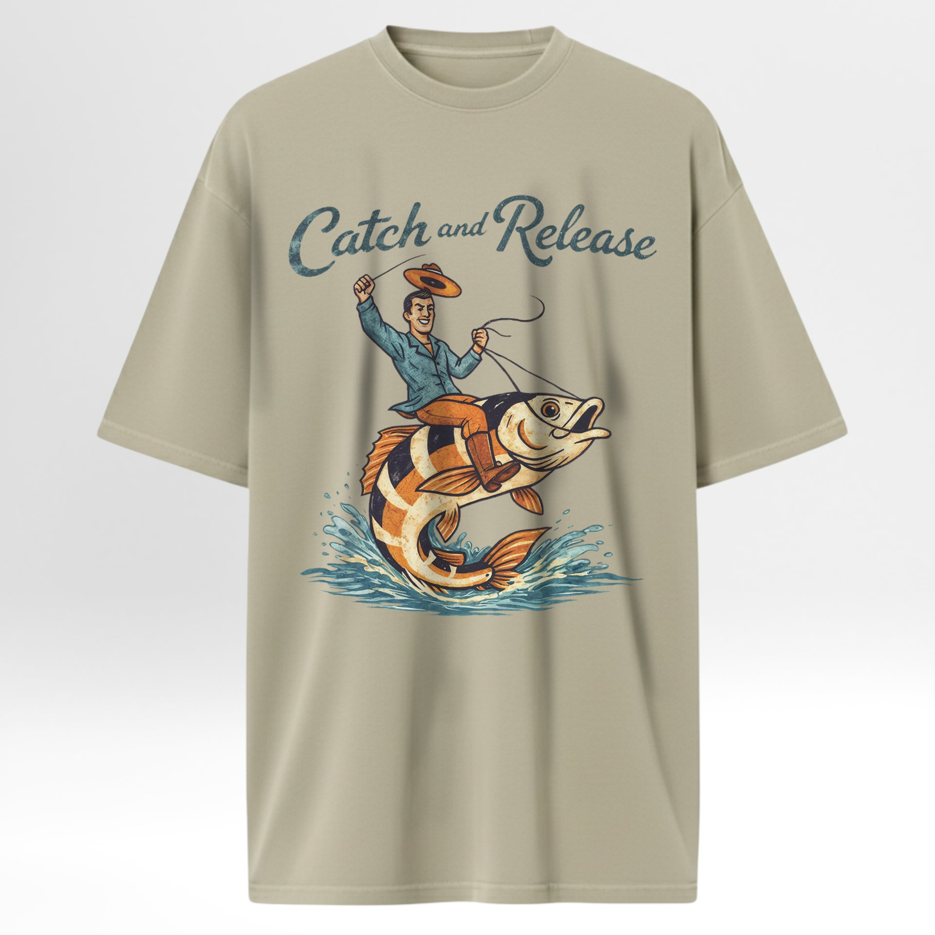 Beige fishing t-shirt with a graphic of a fisherman and fish, and 'Catch and Release' text.