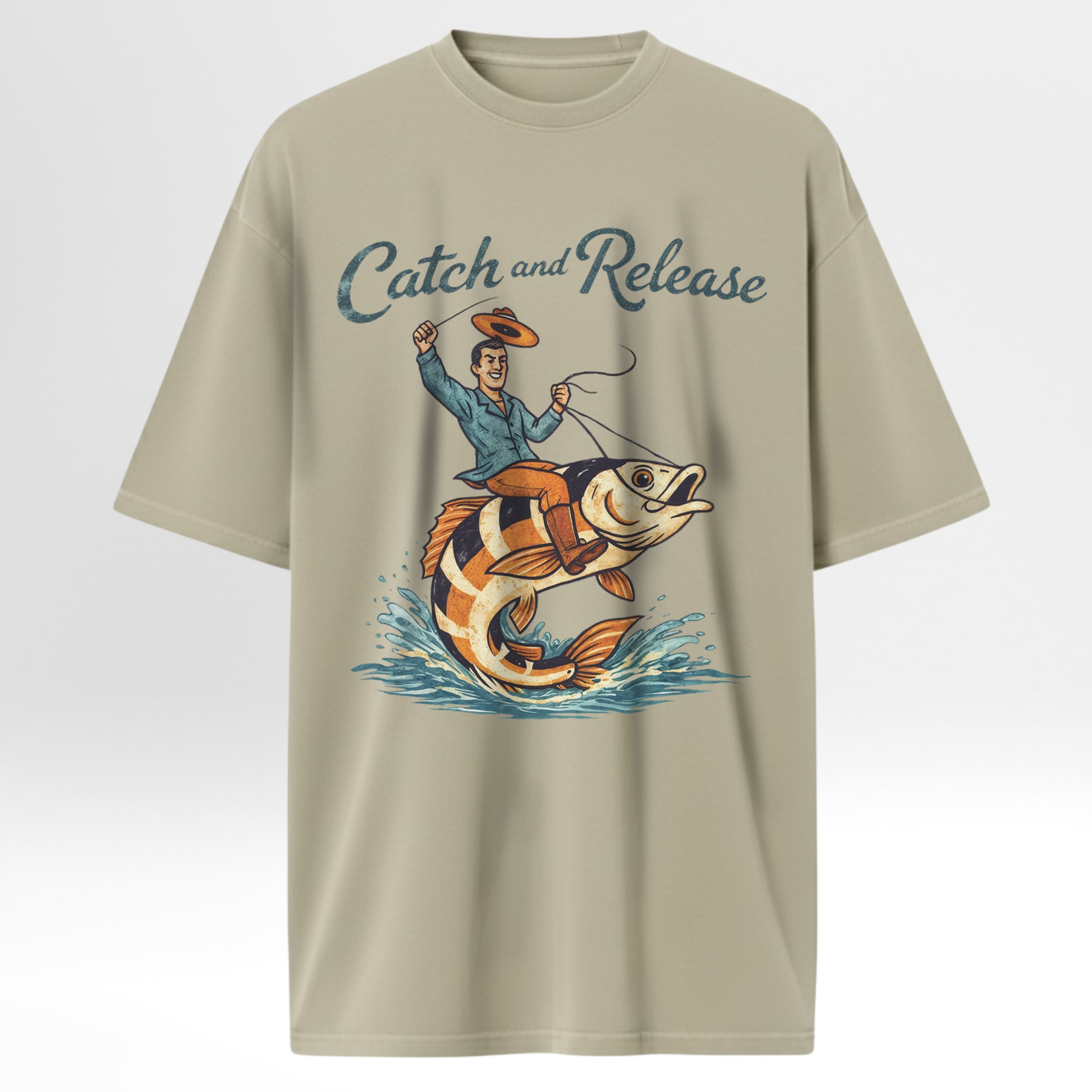 Beige fishing t-shirt with a graphic of a fisherman and fish, and 'Catch and Release' text.