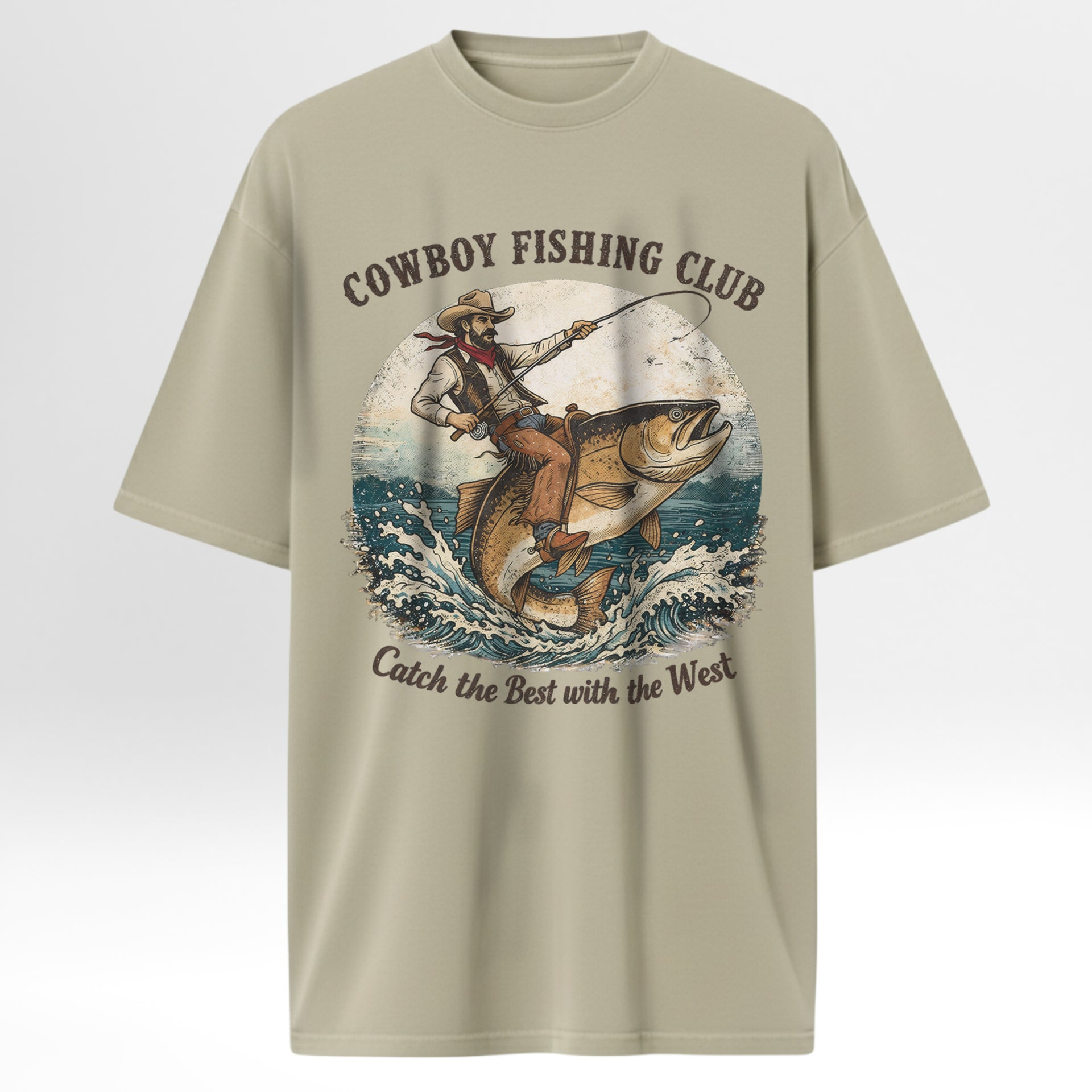 Beige fishing t-shirt with a graphic of a cowboy fishing and text 'Cowboy Fishing Club' on a white background