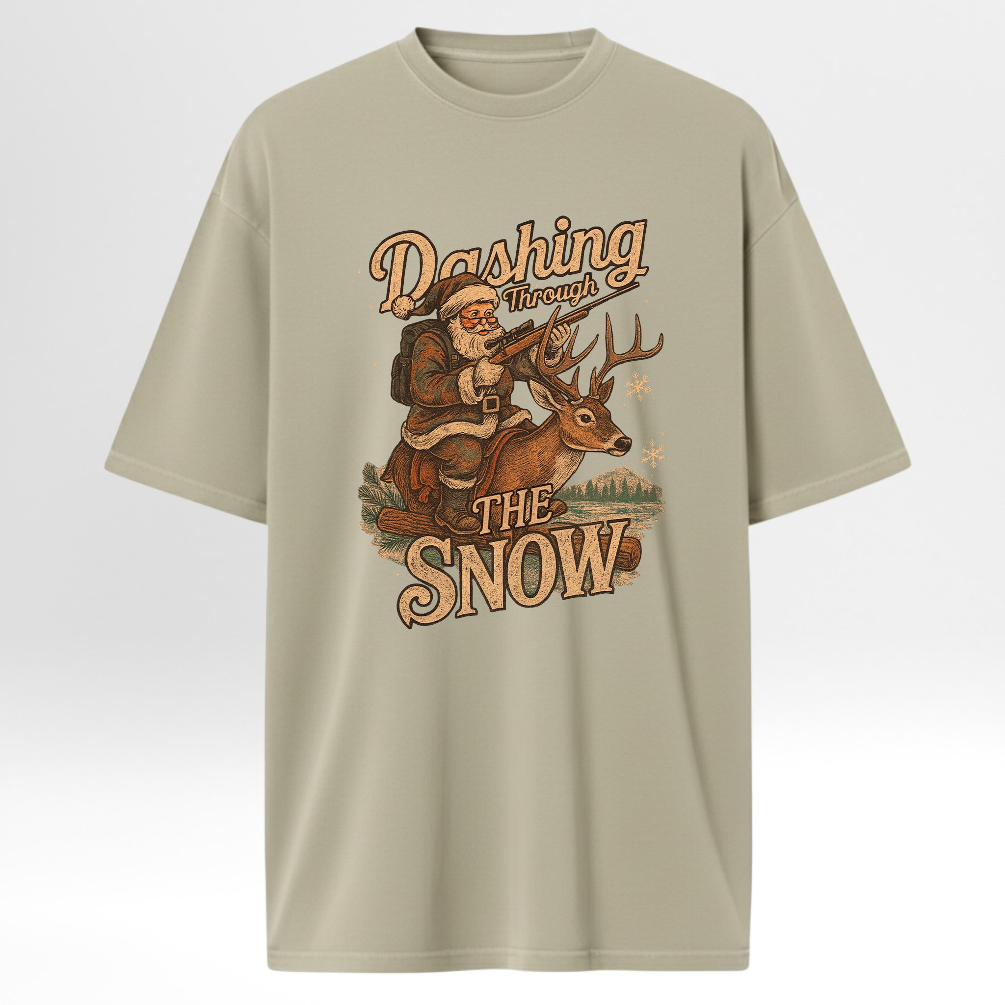 Beige hunting graphic t-shirt with Santa Claus and reindeer graphic and text 'Dashing through the snow' 