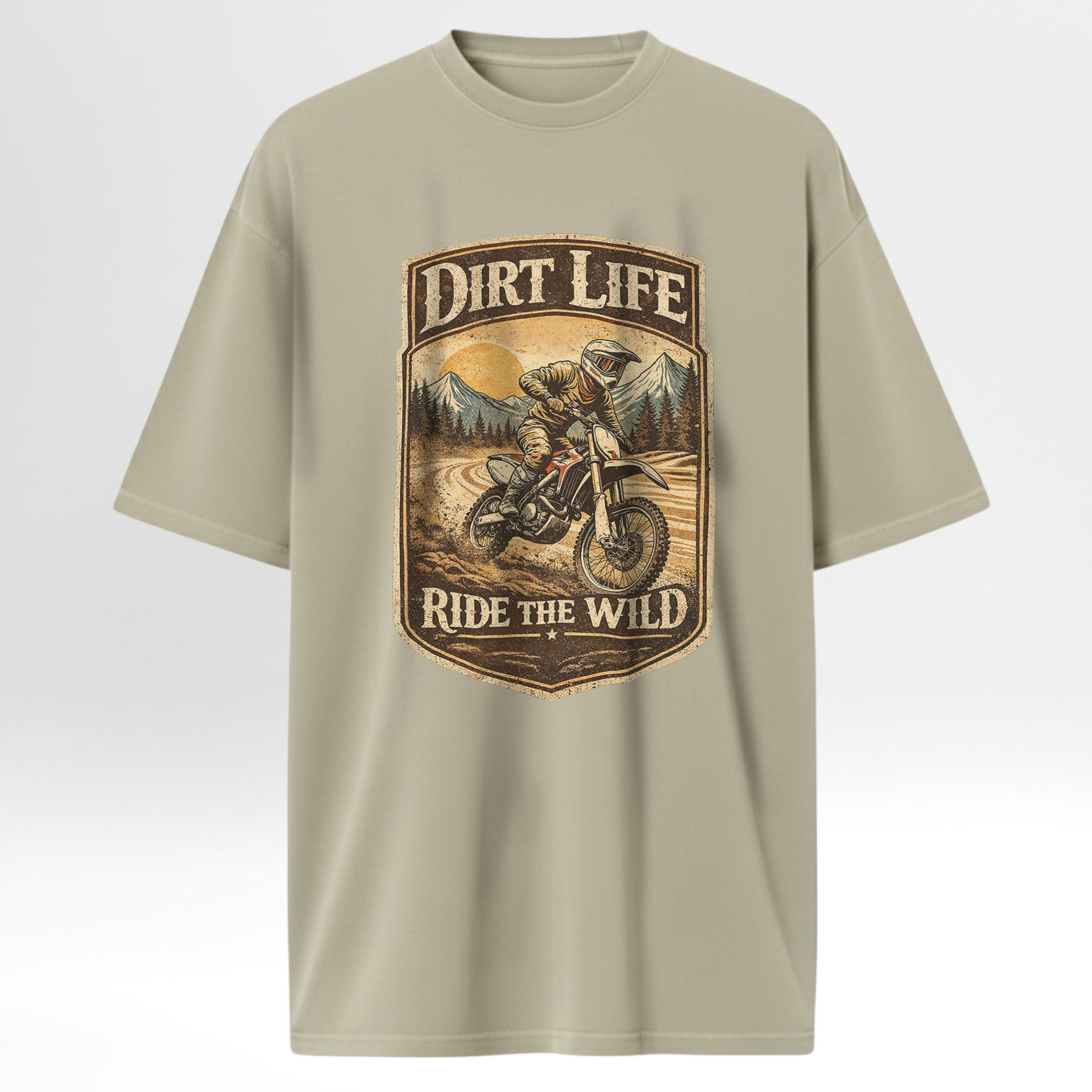 Beige t-shirt with 'Dirt Life Ride the Wild' graphic on a white background