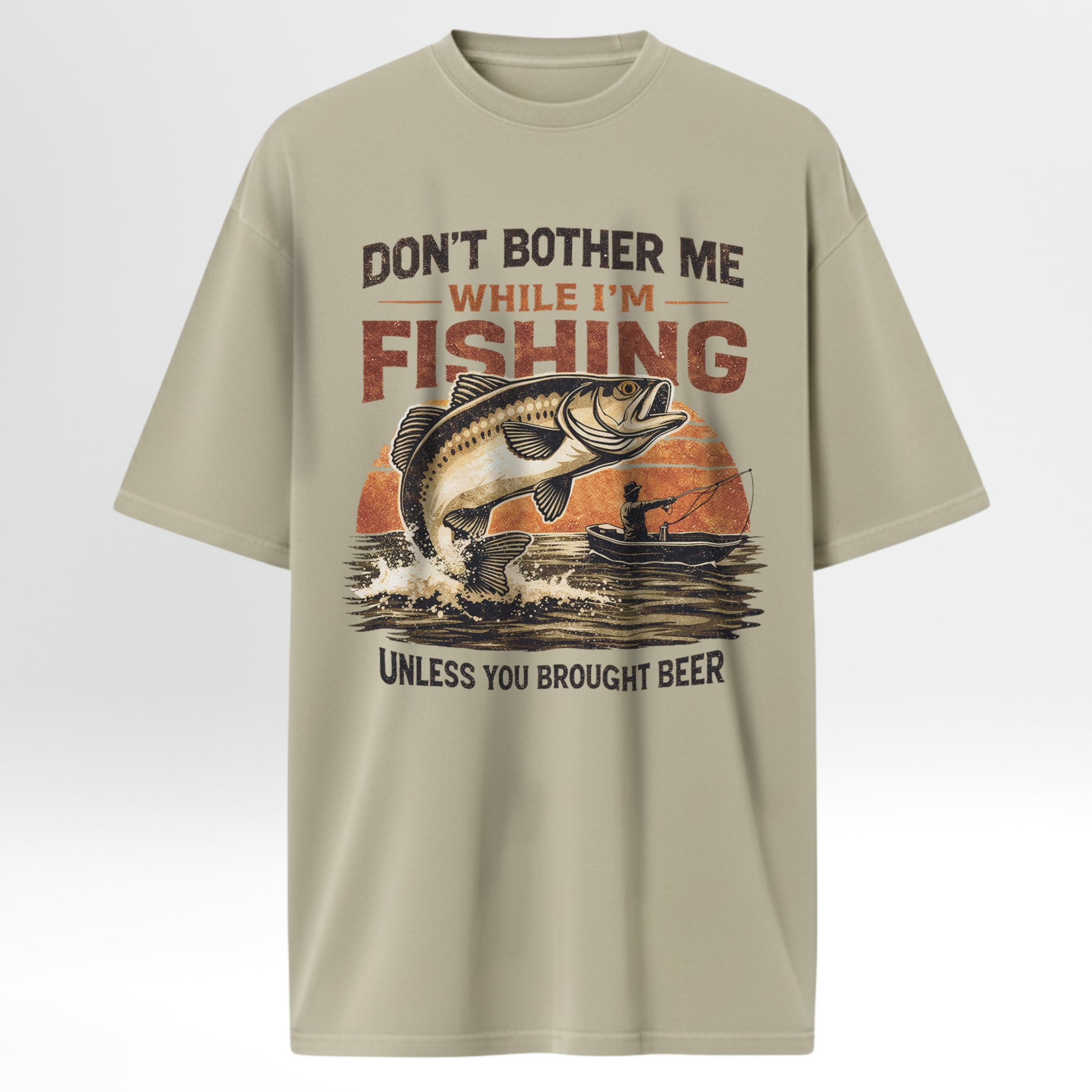 Beige fishing t-shirt with fishing graphic and text 'Don't Bother Me While I'm Fishing Unless You Brought Beer'