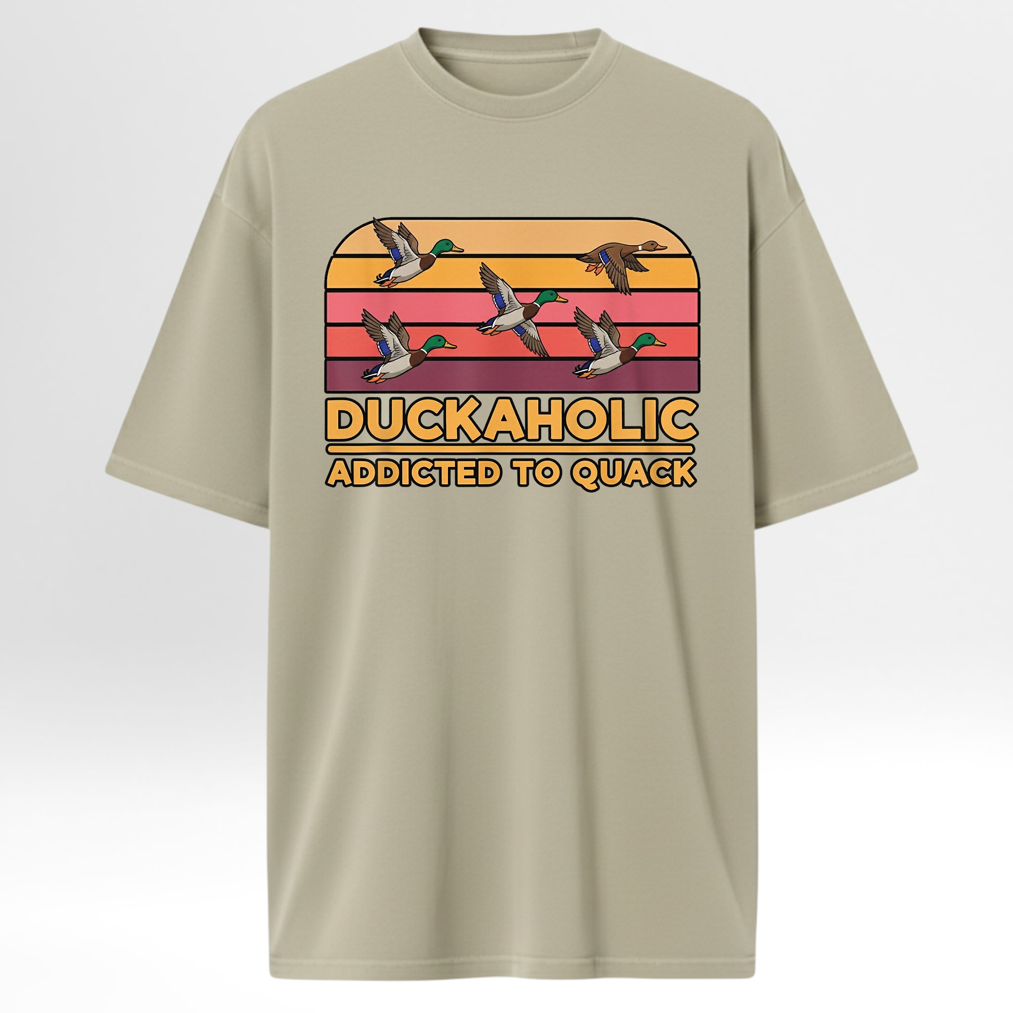 Beige hunting graphic t-shirt with duck-themed graphic and text on a white background