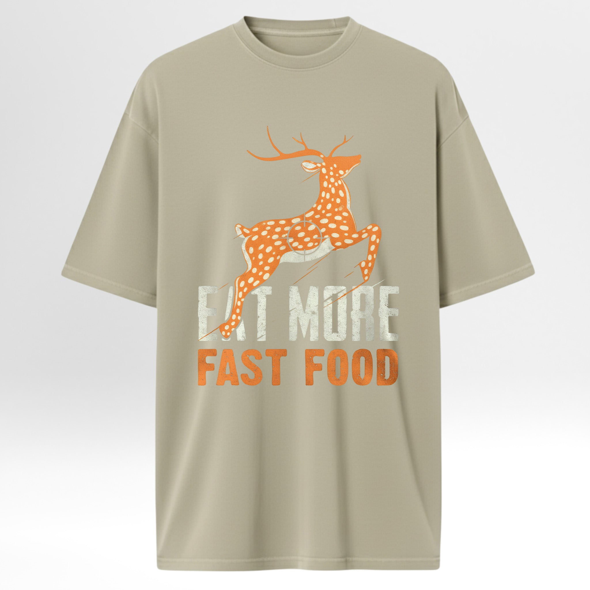 Beige hunting graphic t-shirt with orange deer graphic and text 'EAT MORE FAST FOOD' 