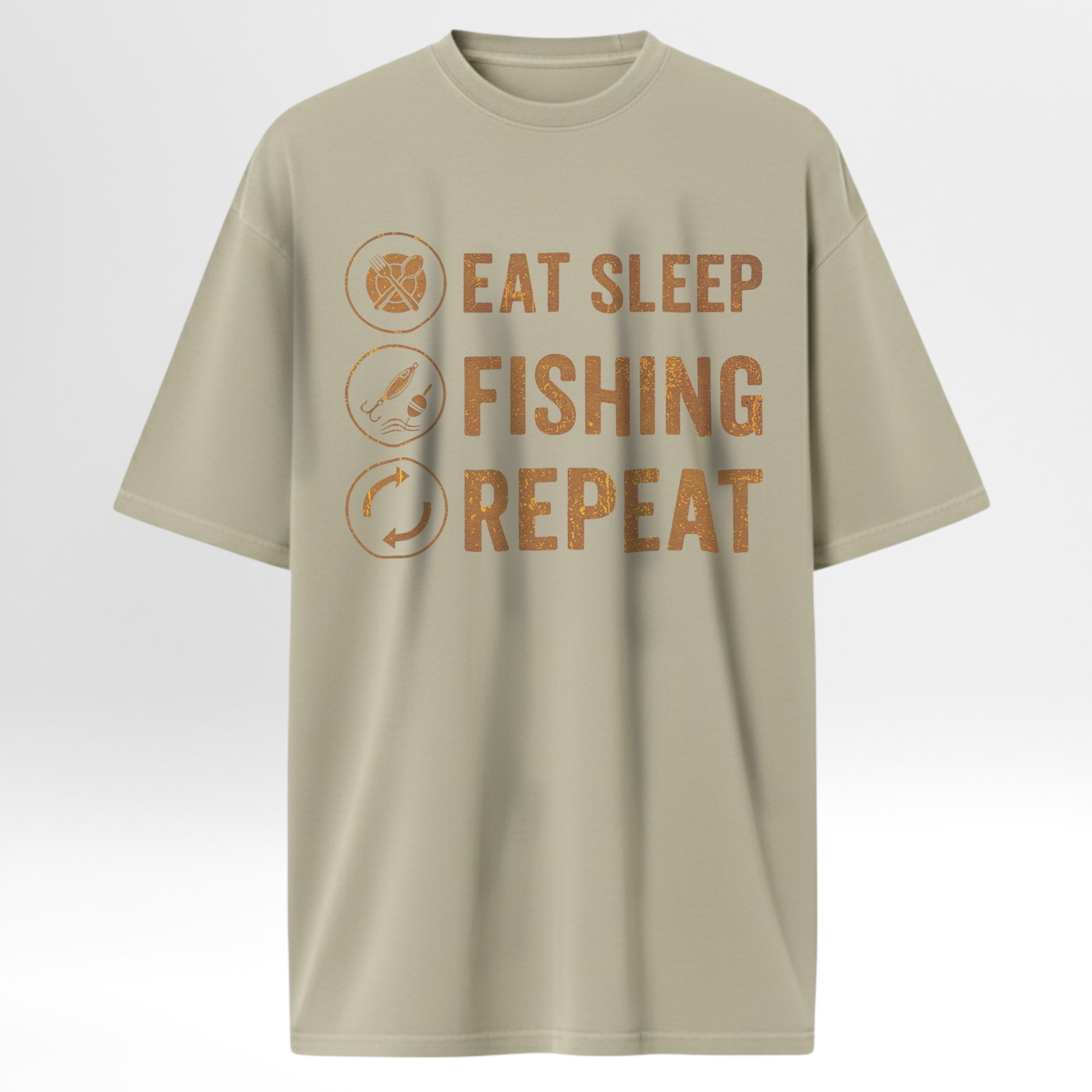 Beige t-shirt with 'Eat Sleep Fishing Repeat' text and icons.