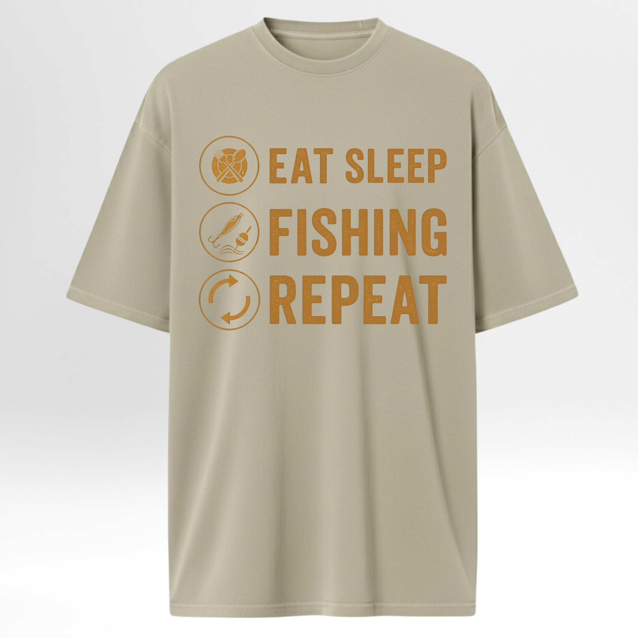 Beige fishing graphic t-shirt with 'Eat Sleep Fishing Repeat' text and icons on a white background