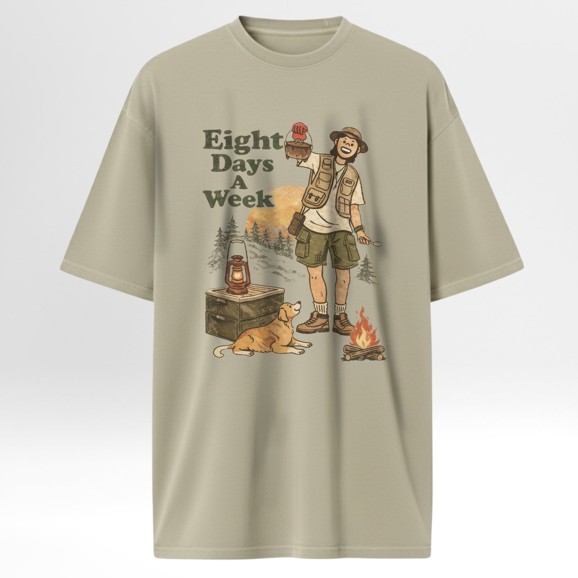 Beige t-shirt with a graphic of a person camping and text 'Eight Days A Week'