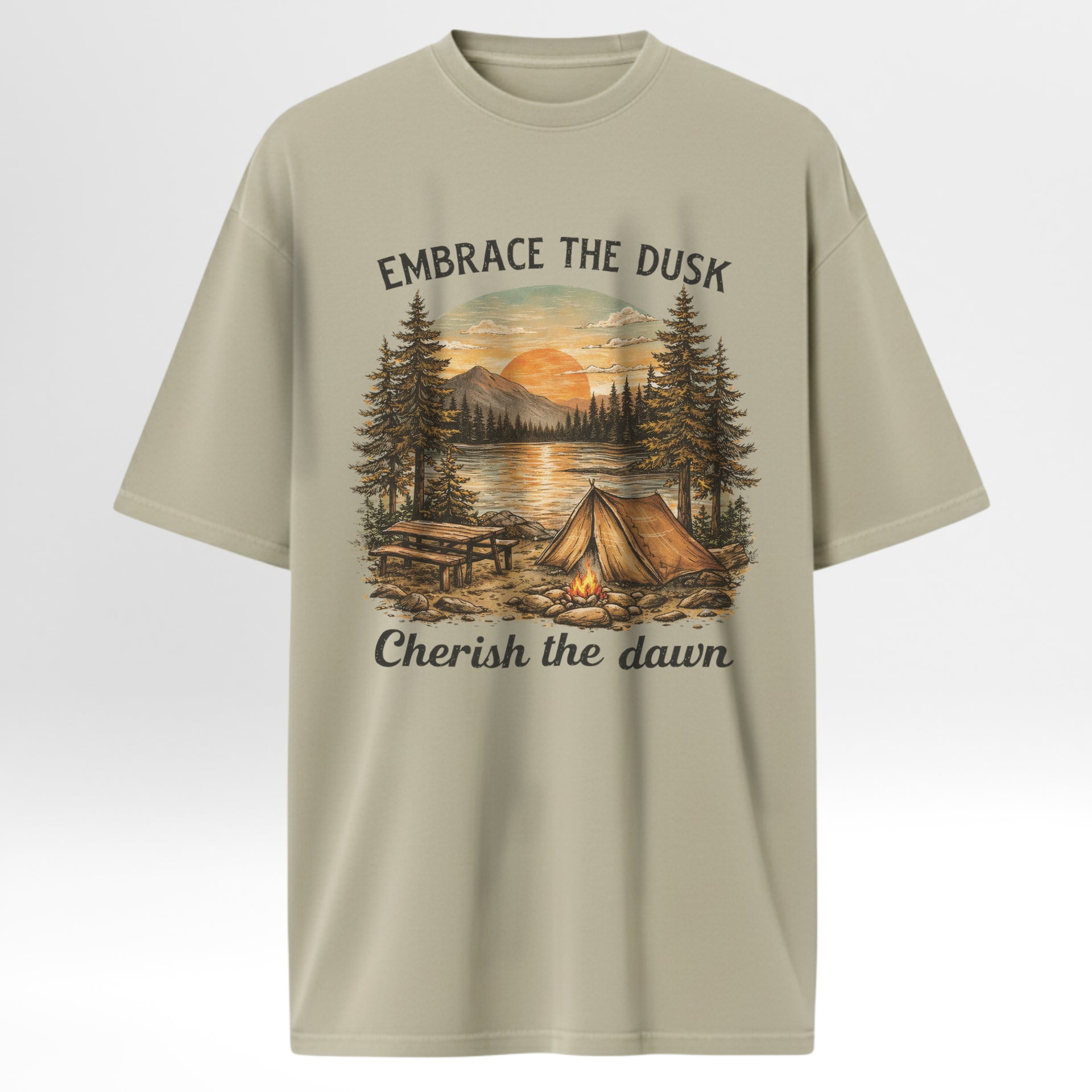 Beige camping t-shirt with a camping graphic and text 'Embrace The Dusk Cherish The Dawn'
