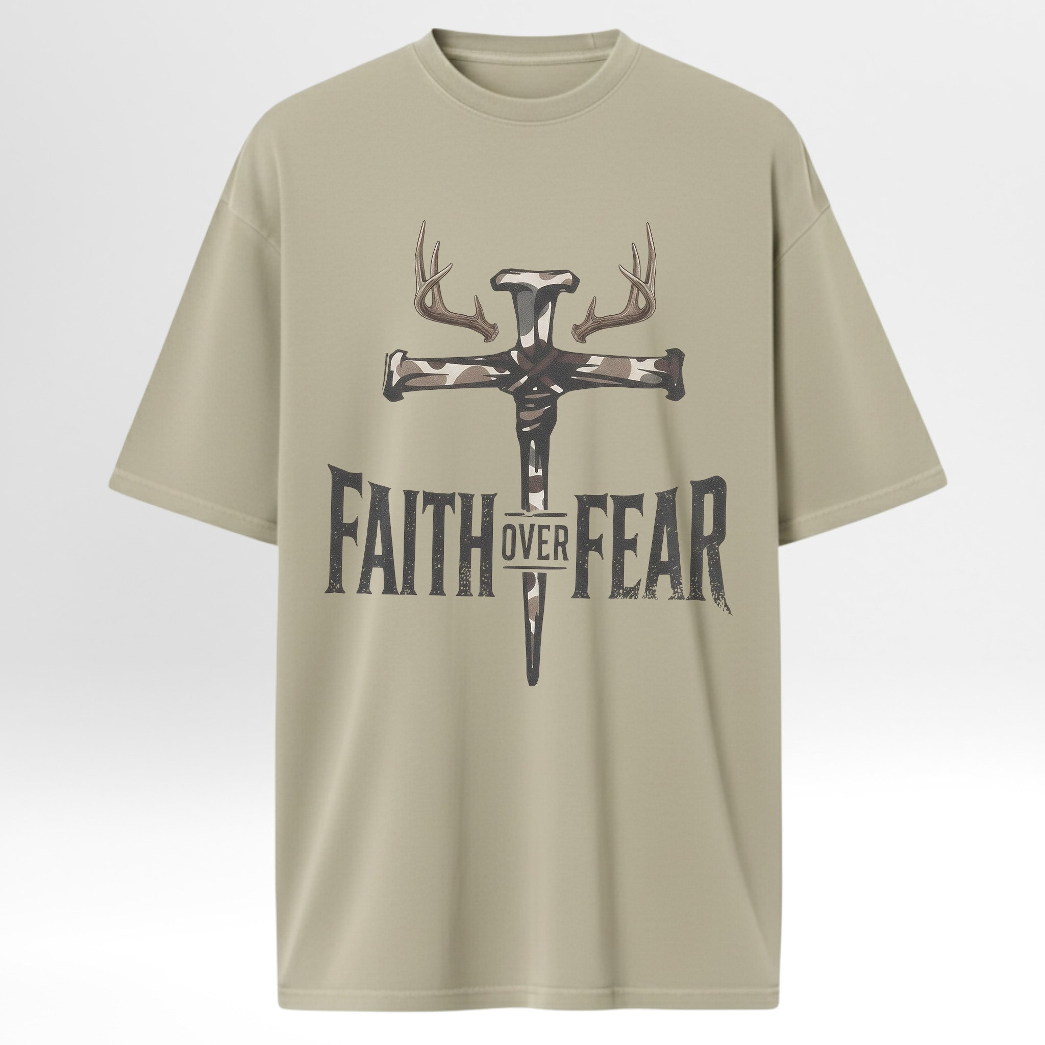Beige hunting graphic t-shirt with a graphic design of a cross with antlers and 'Faith Over Fear' text on a white background.
