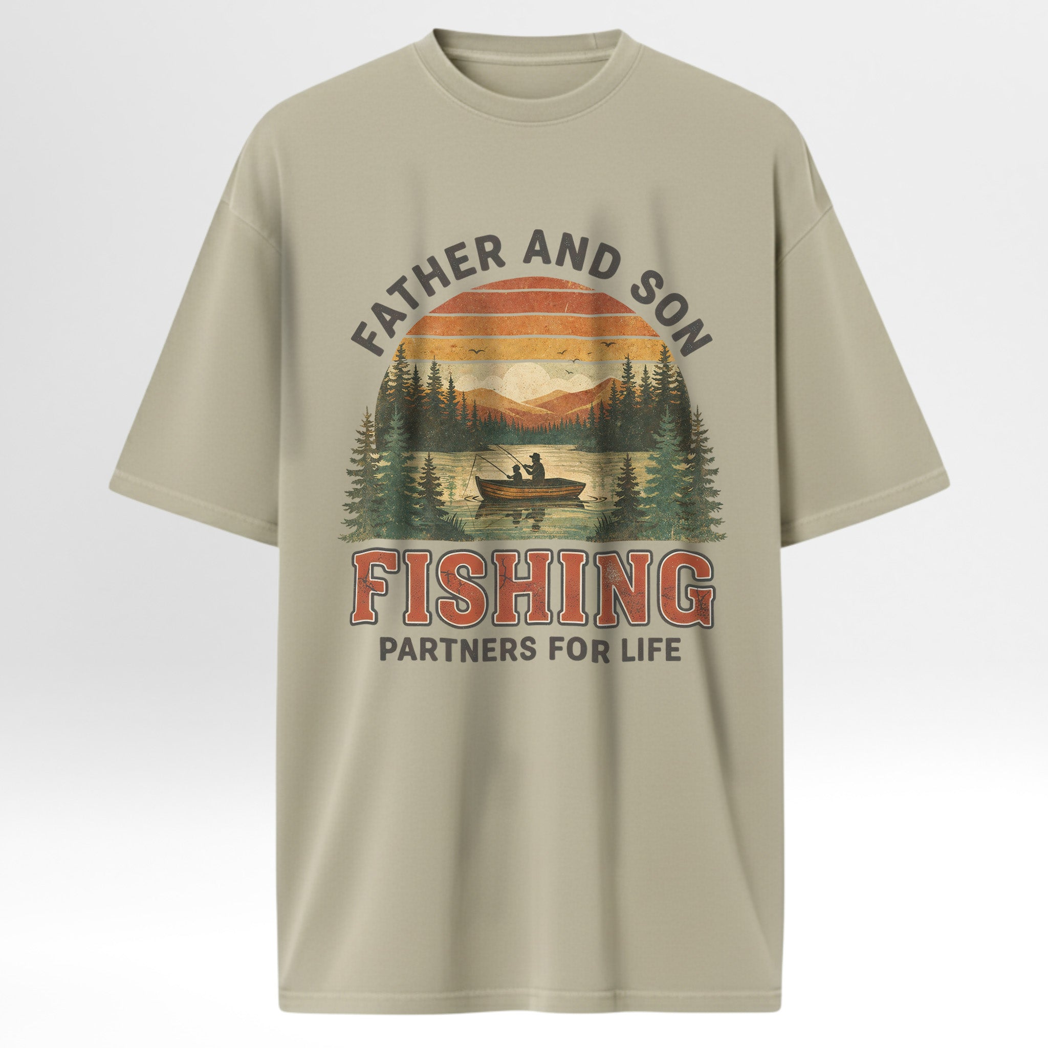 Beige fishing t-shirt with fishing graphic and text on a white background